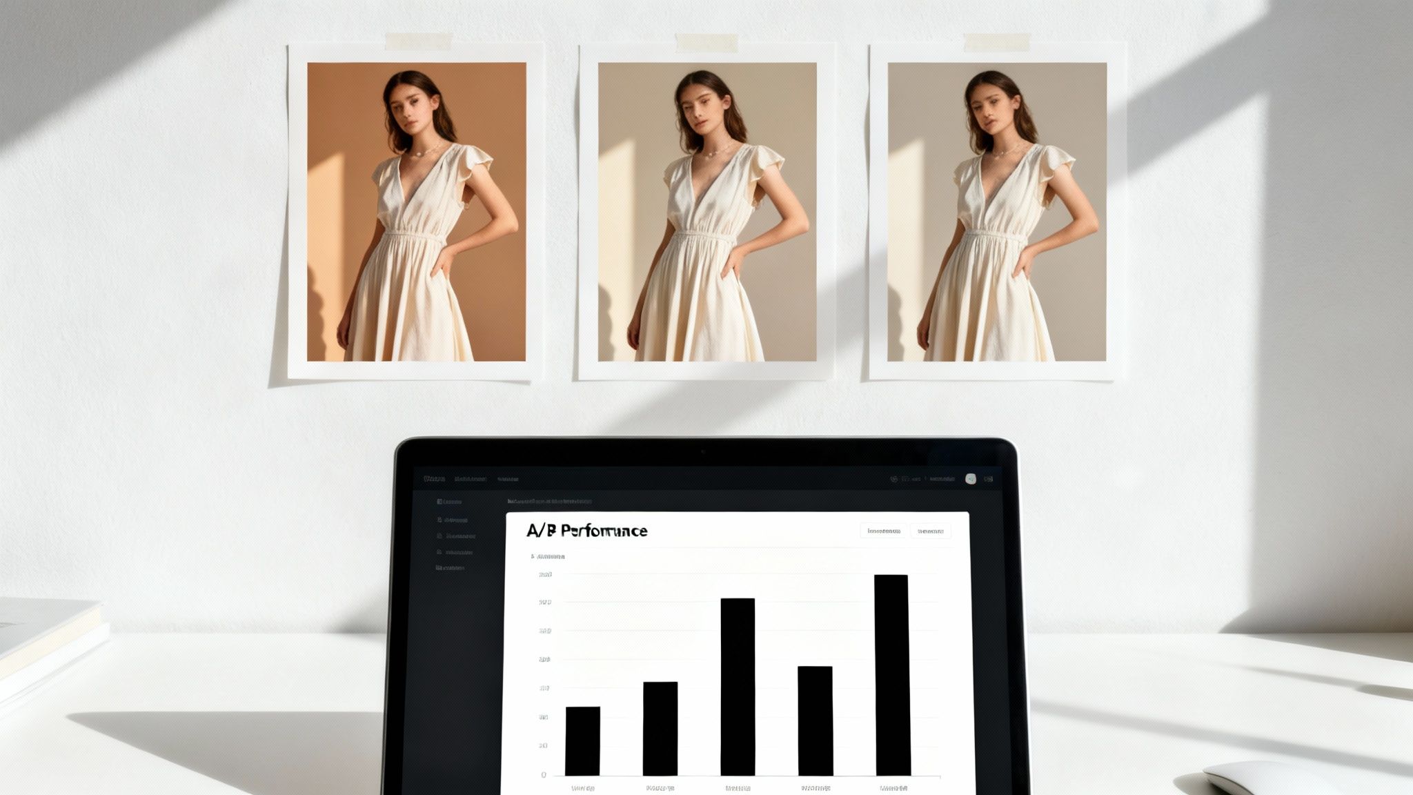 Three photos of a woman in a cream dress displayed above a laptop showing A/B performance data.