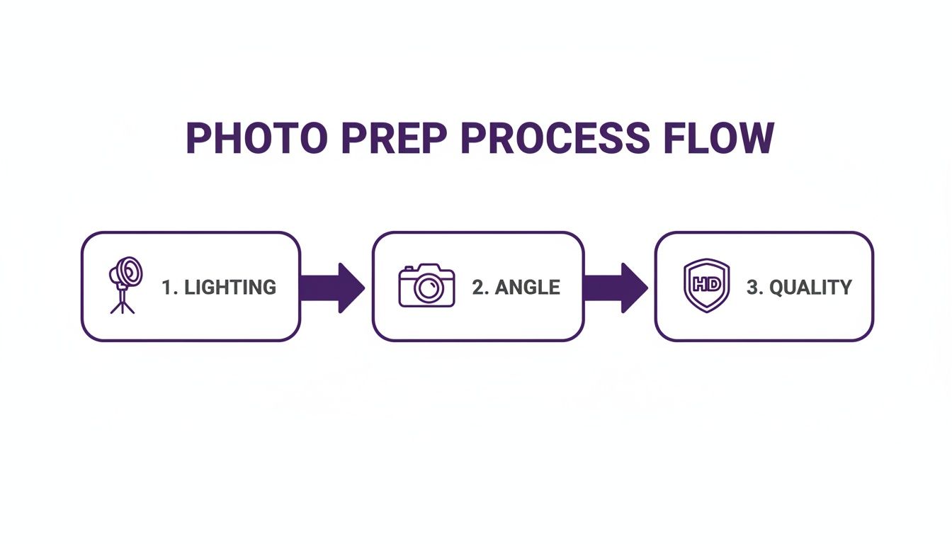 A photo preparation process flow diagram illustrating three key steps: Lighting, Angle, and Quality.