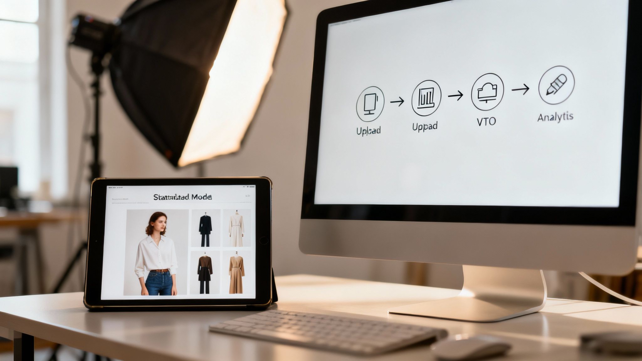 A tablet shows clothing items next to a computer displaying a fashion technology workflow in a studio.