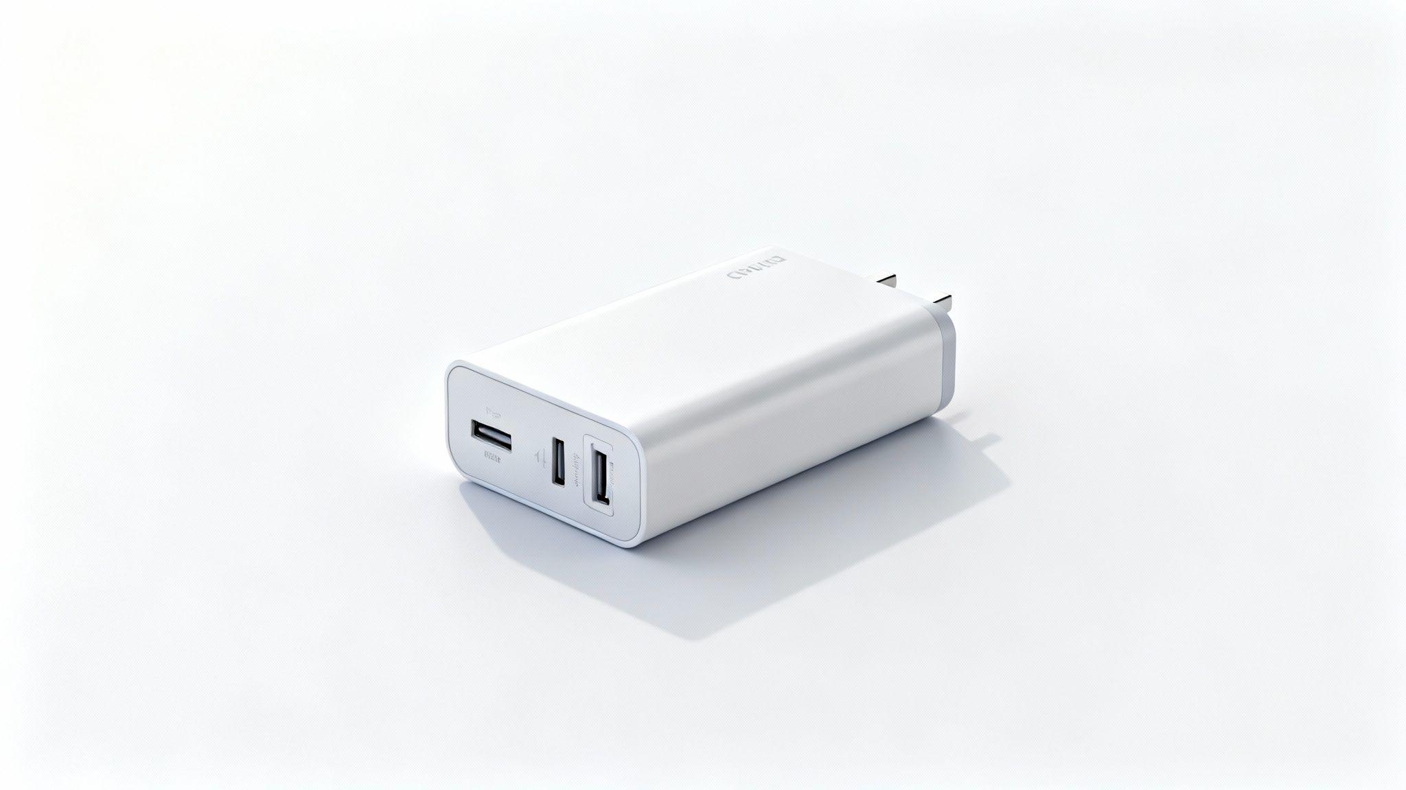 A sleek white rectangular USB wall charger with three USB-A ports on a light background.