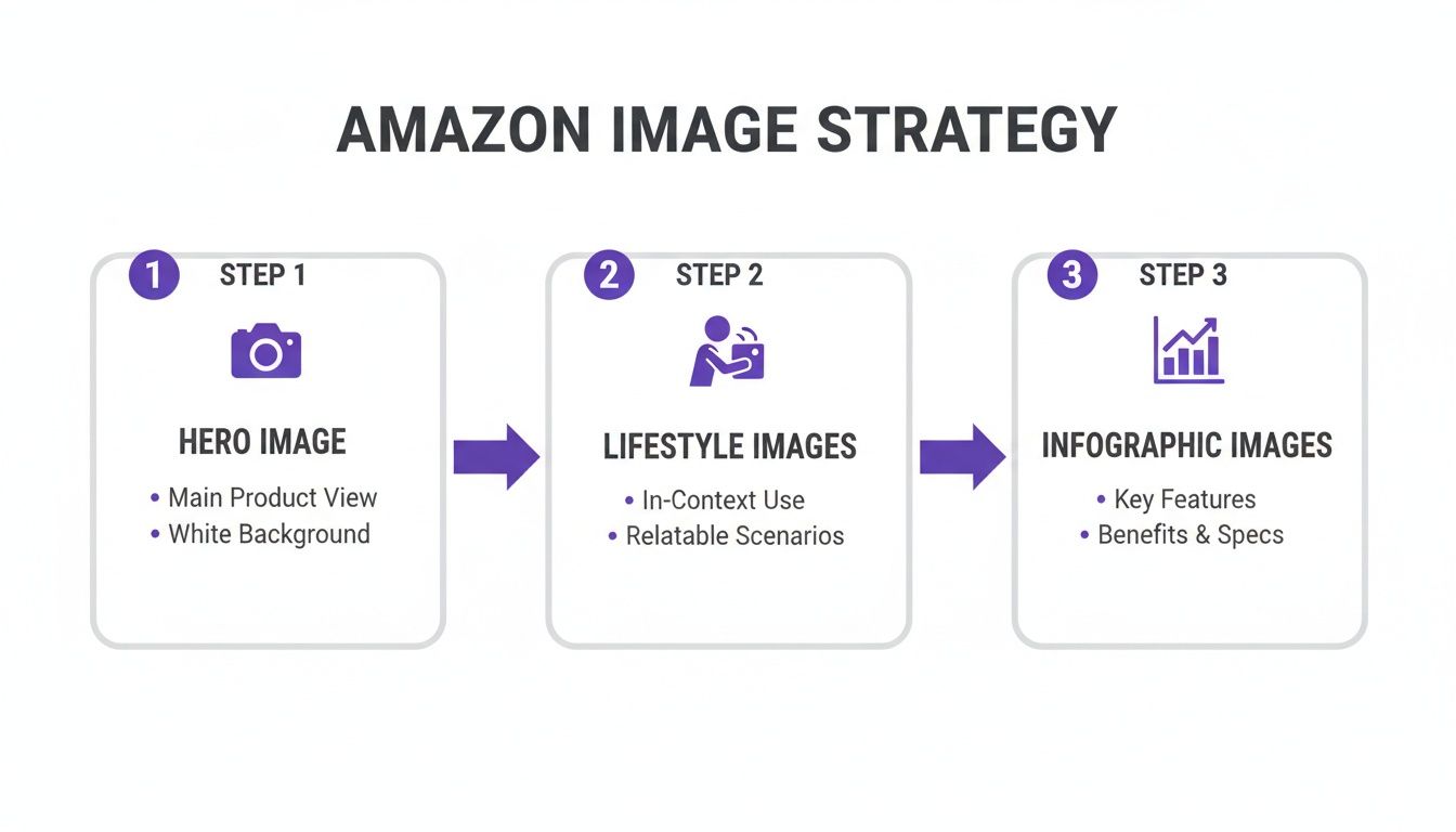 A diagram illustrating Amazon's three-step product image strategy, covering hero, lifestyle, and infographic images.