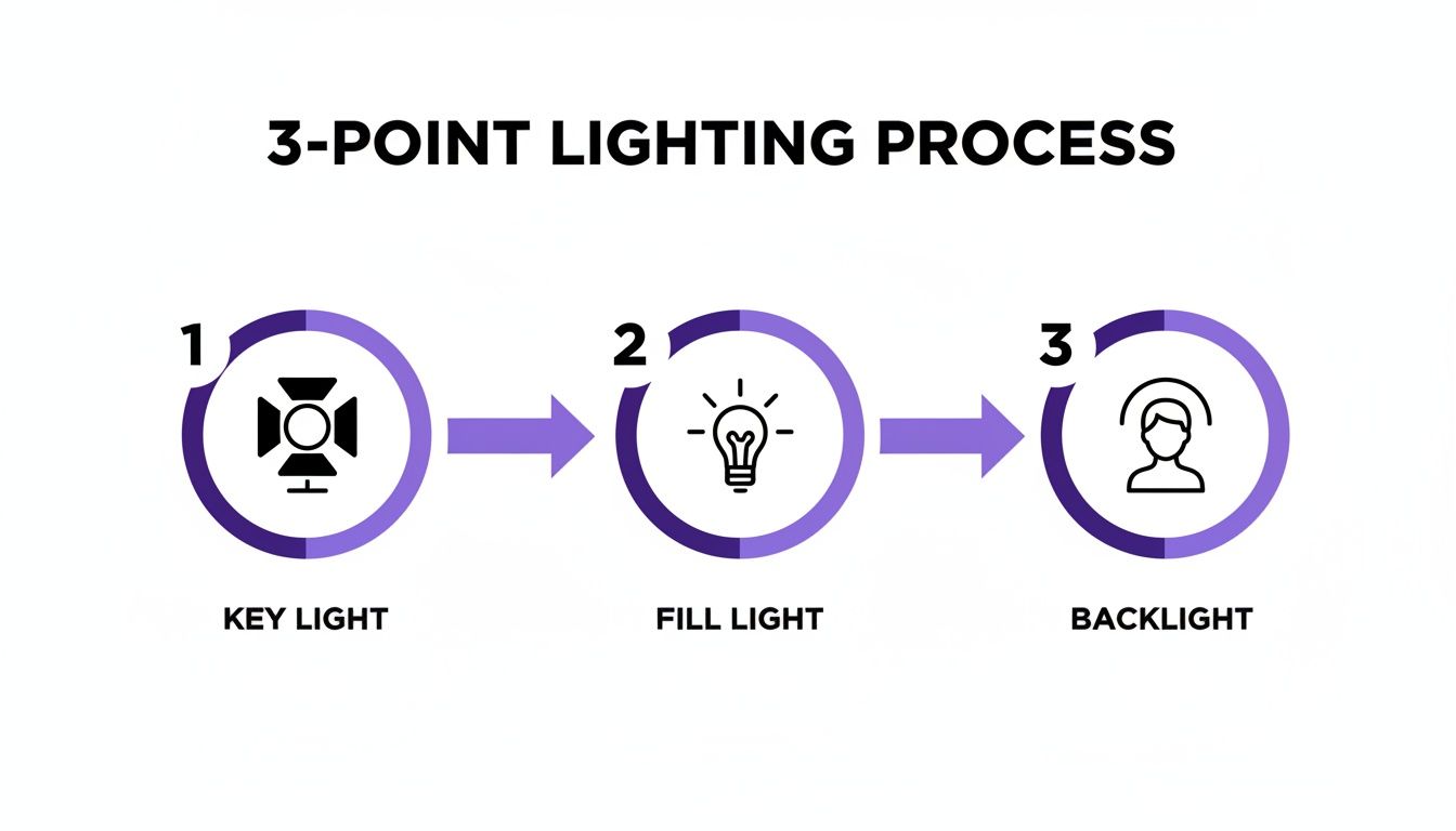 An infographic illustrating the 3-point lighting process, detailing key, fill, and backlight stages.