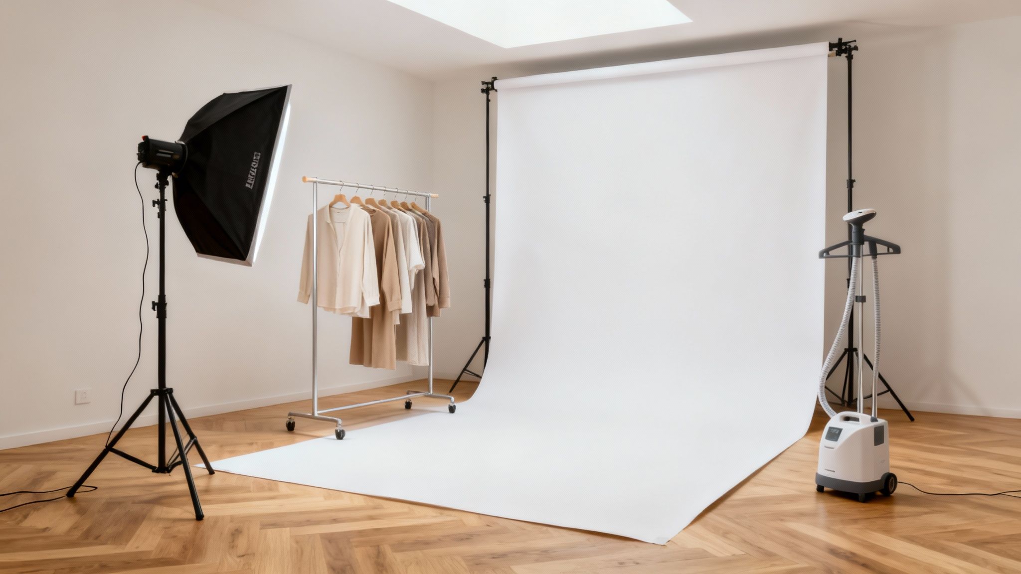 A clean e-commerce photo studio with a white backdrop, professional lighting, clothes rack, and garment steamer.