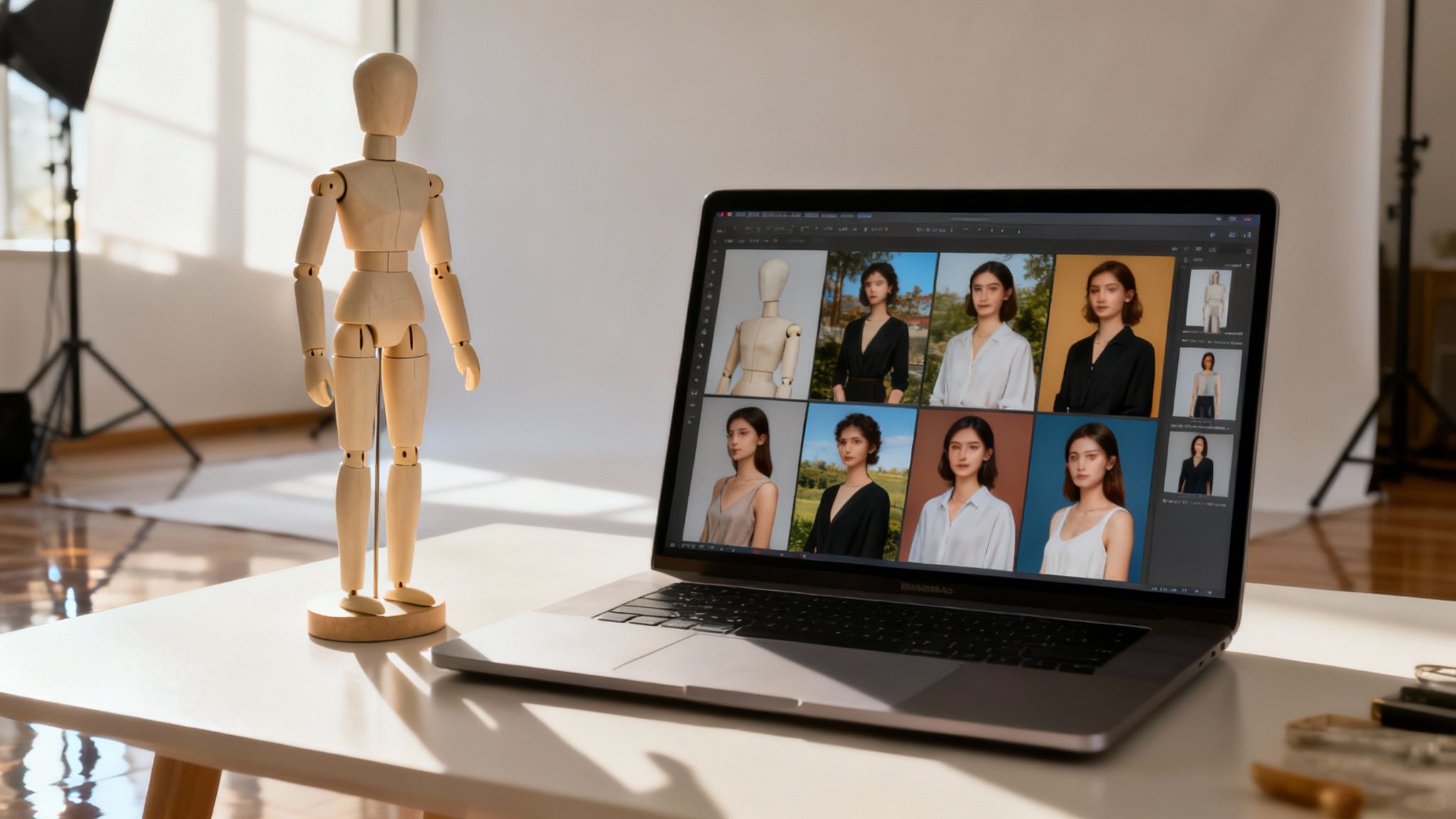 A laptop on a white table displays fashion photos and a mannequin, in a bright photography studio.