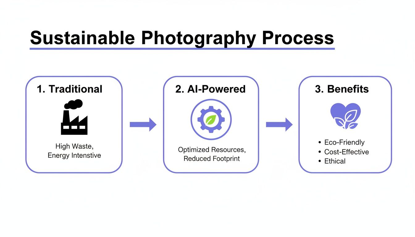 Flowchart comparing traditional and AI-powered sustainable photography, highlighting eco-friendly, cost-effective, and ethical benefits.