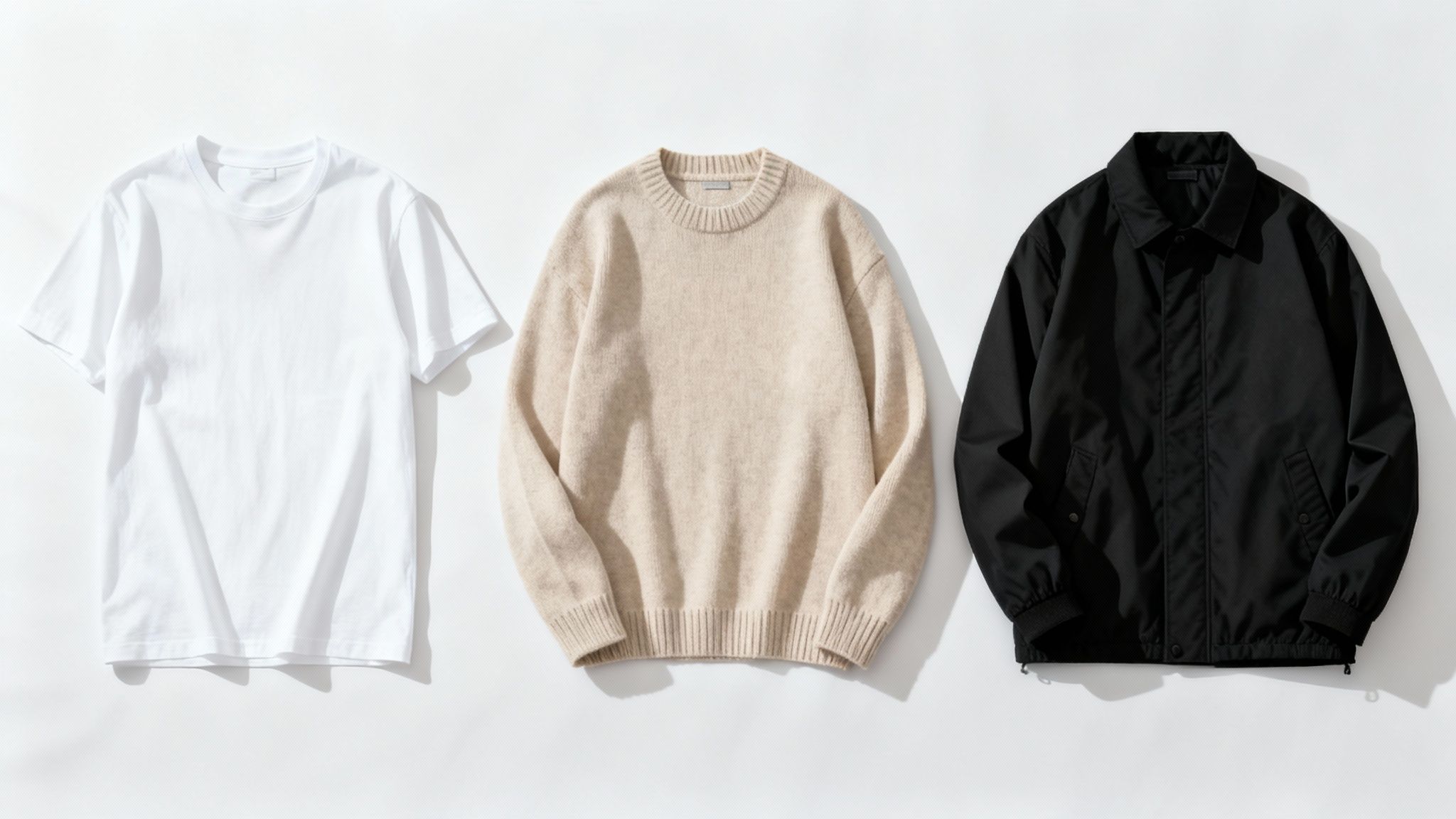 Three men's casual garments displayed on a white background: a white t-shirt, a beige sweater, and a black jacket.