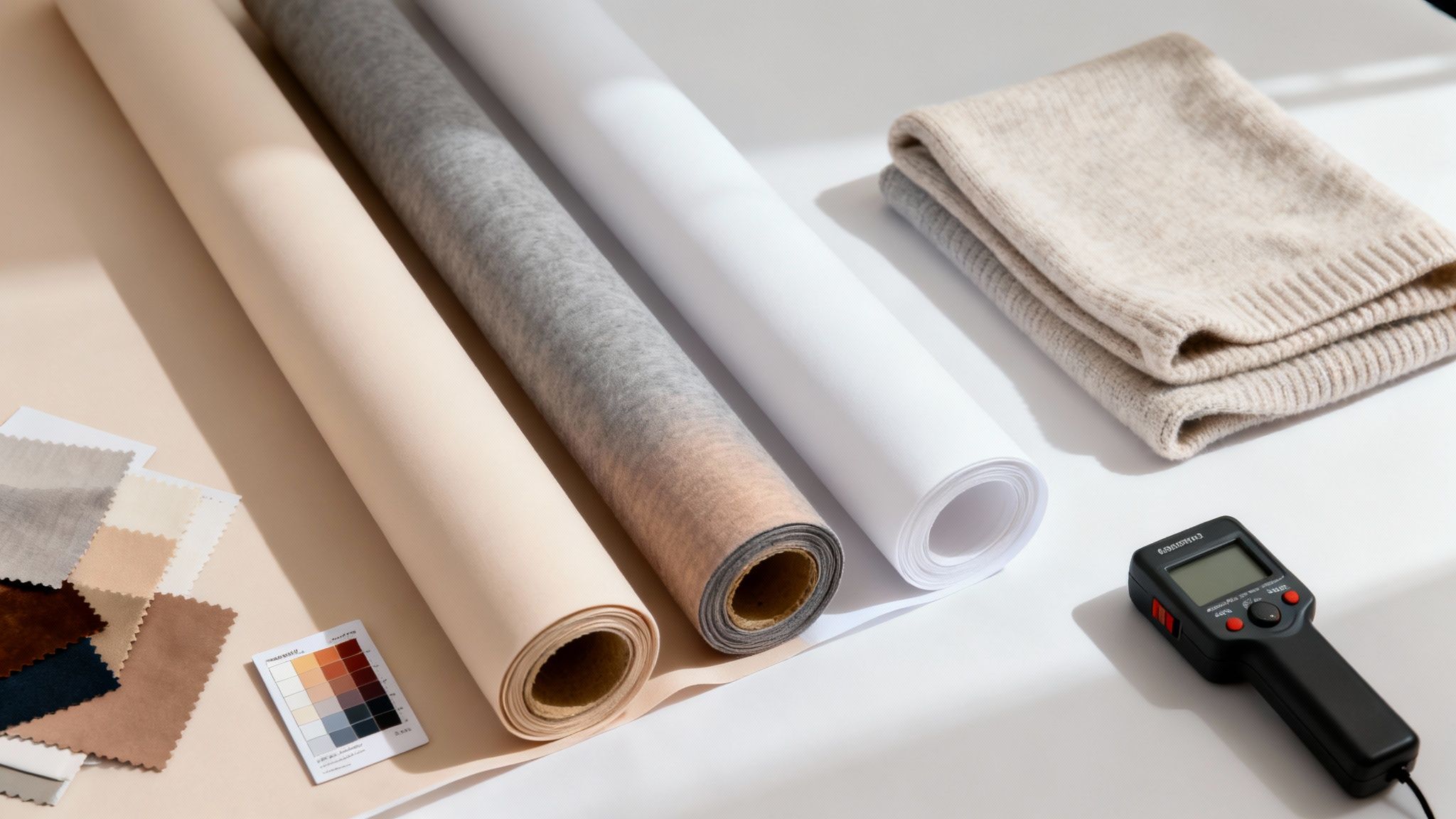 Various fabric rolls, swatches, a knit garment, and a textile measurement device on a white background.