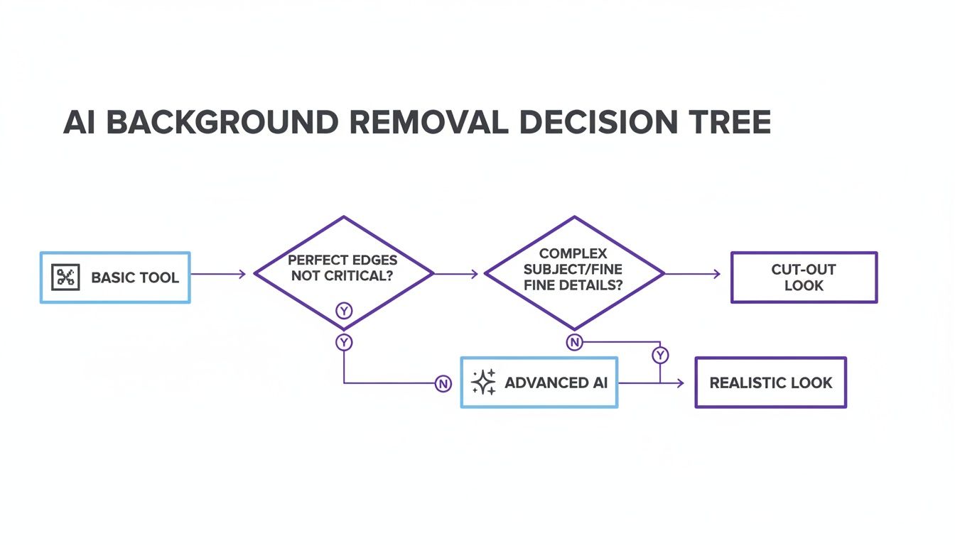 An AI background removal decision tree flowchart, guiding tool selection for perfect edges and fine details.
