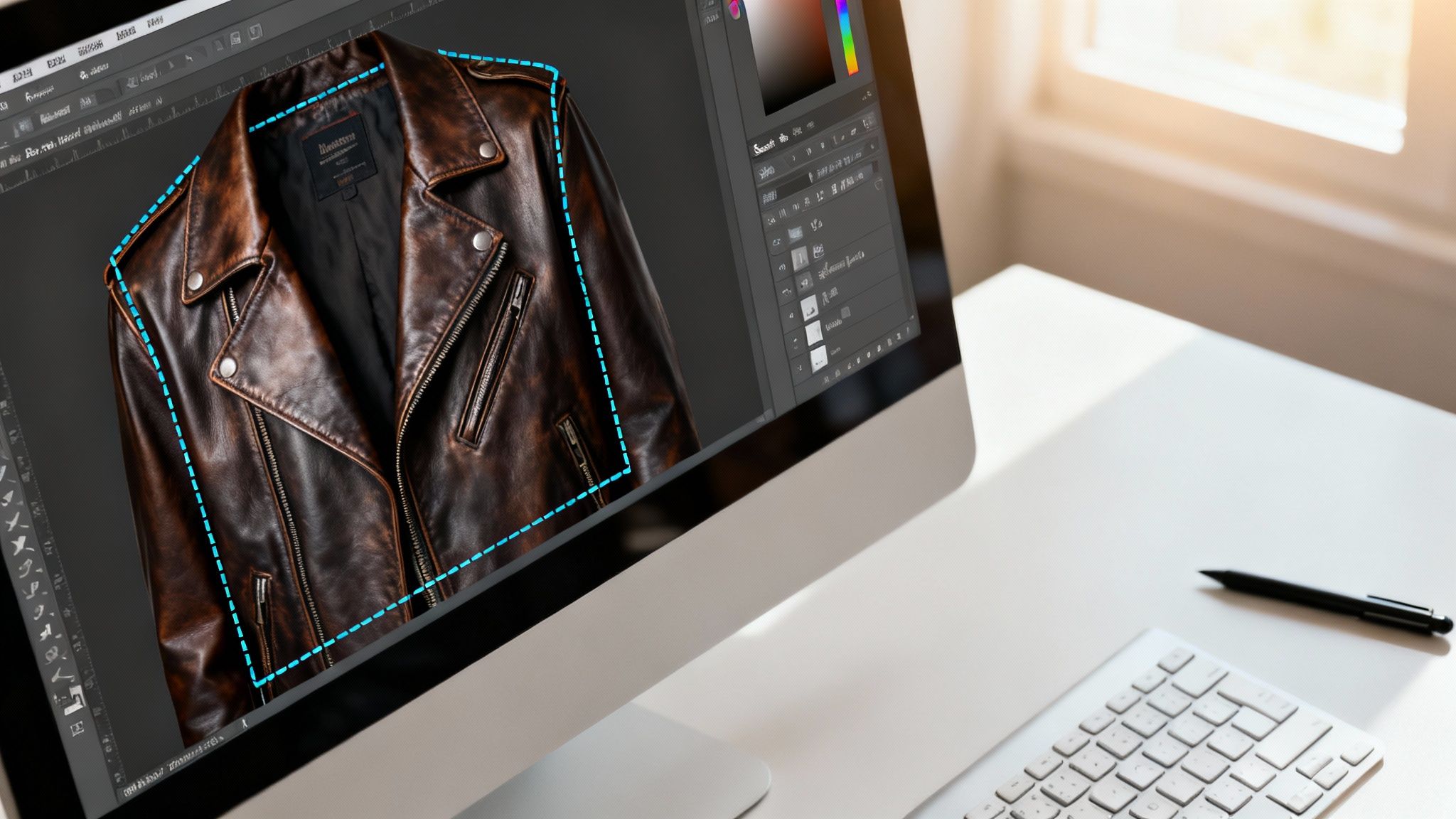 Computer monitor displaying a brown leather jacket with a selection outline in photo editing software.