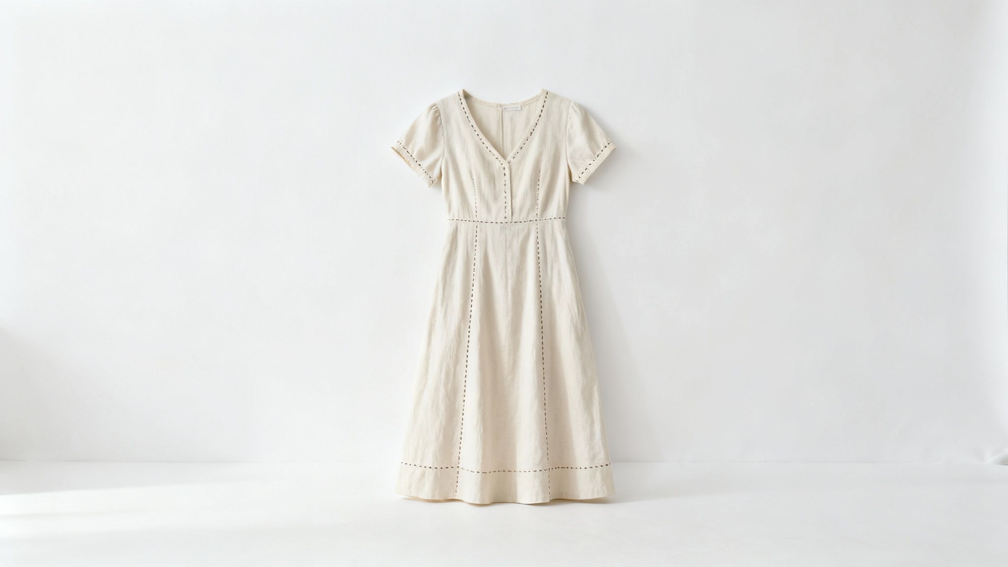 A cream-colored midi dress with short sleeves and dark stitching details displayed on a white background.