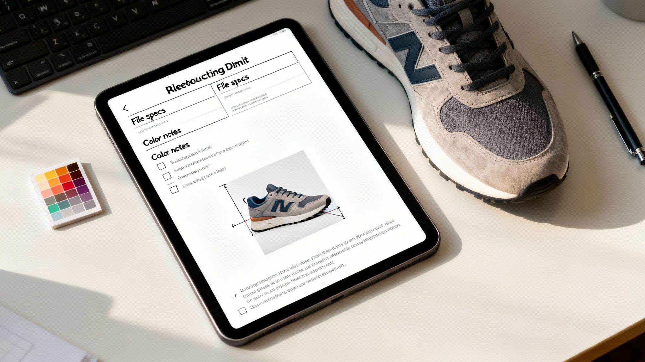 A tablet displays photo retouching specifications for a New Balance shoe, alongside a color palette and desk accessories.