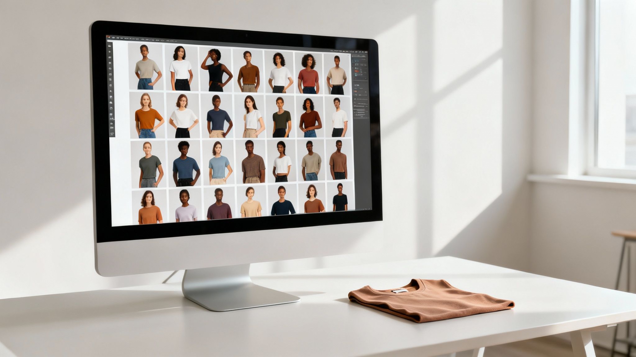Computer screen displaying numerous models wearing t-shirts, with a brown shirt on a white desk.