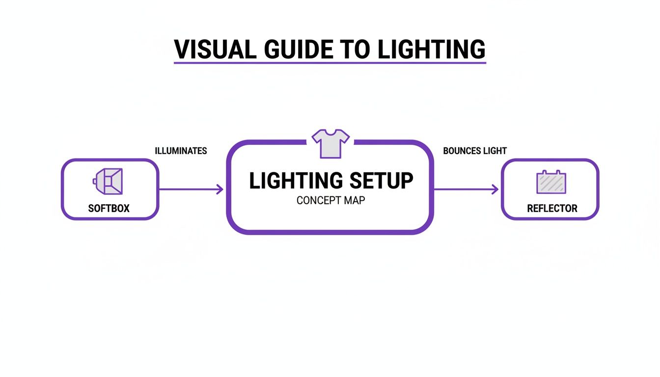 A concept map showing a softbox illuminating a lighting setup, which then bounces light to a reflector.