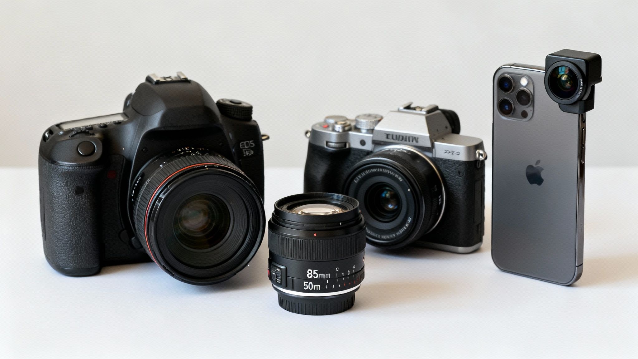 Various photography equipment, including a DSLR, mirrorless camera, smartphone with external lens, and an additional lens.