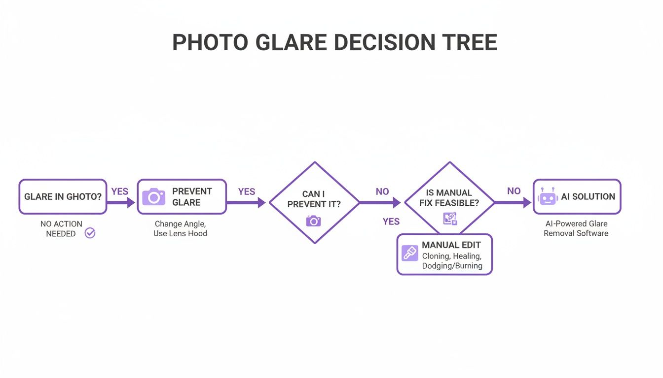 Flowchart outlining the decision process for handling photo glare, from prevention to AI solutions.