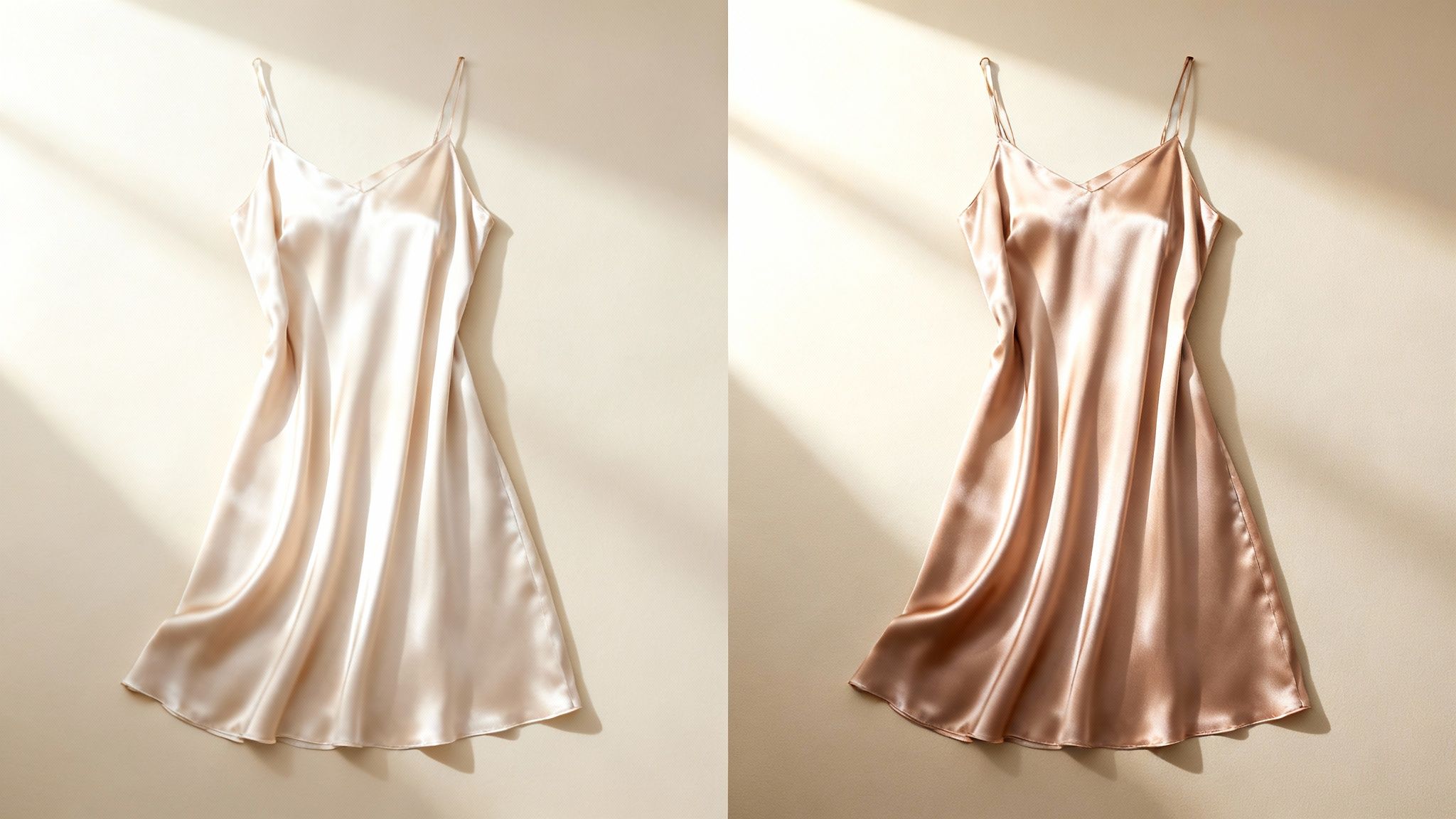 Two elegant satin slip dresses, one champagne and one rose gold, with sunlit shadows.