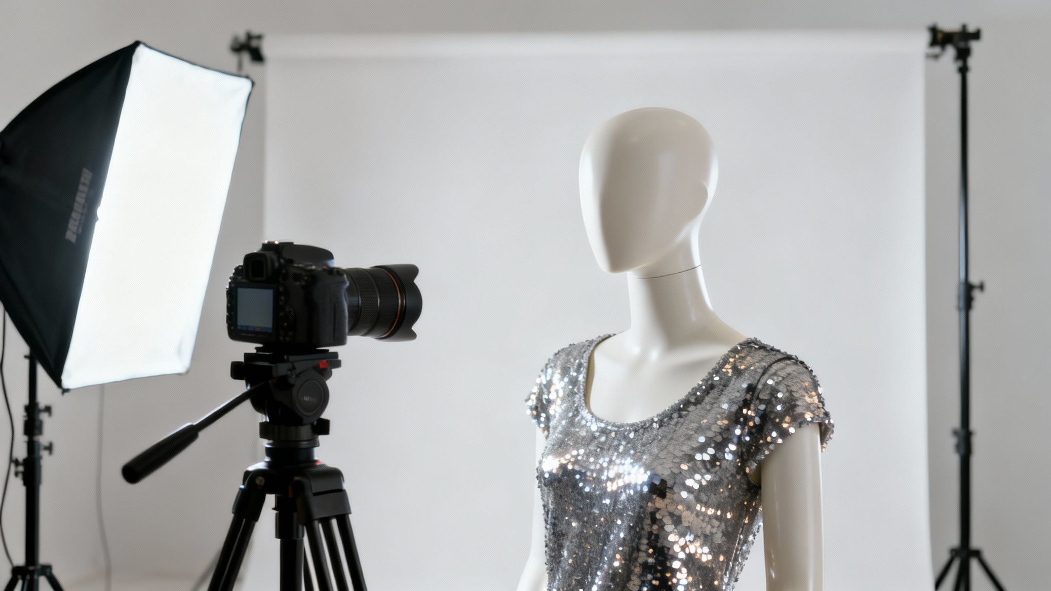 A white mannequin in a sequin top with a camera, tripod, and softbox in a photo studio.