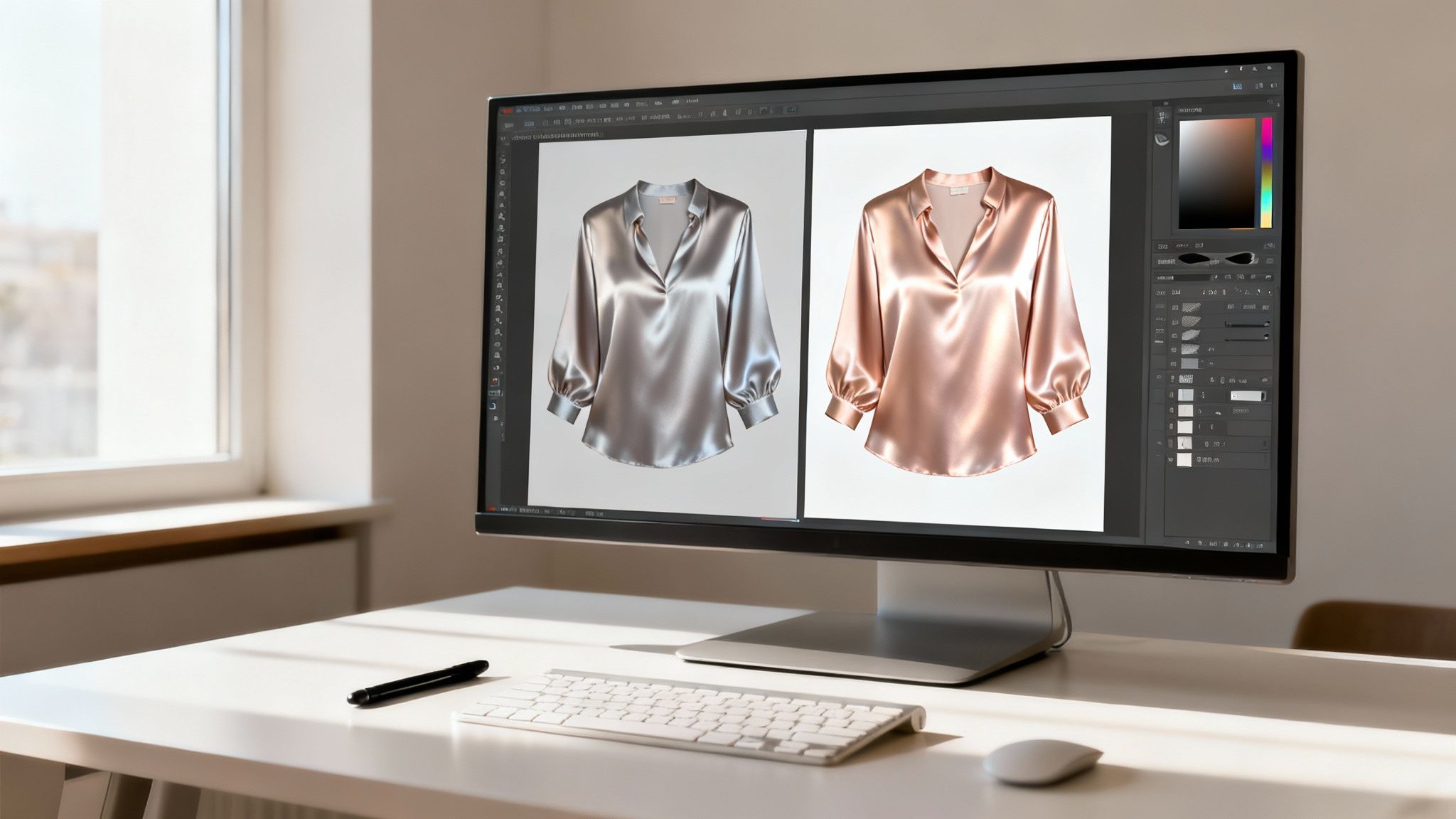 A computer monitor displays digital photo editing of a silver and rose gold silk blouse on a desk.