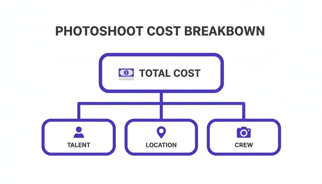 A photoshoot cost breakdown chart showing total cost divided into talent, location, and crew categories.