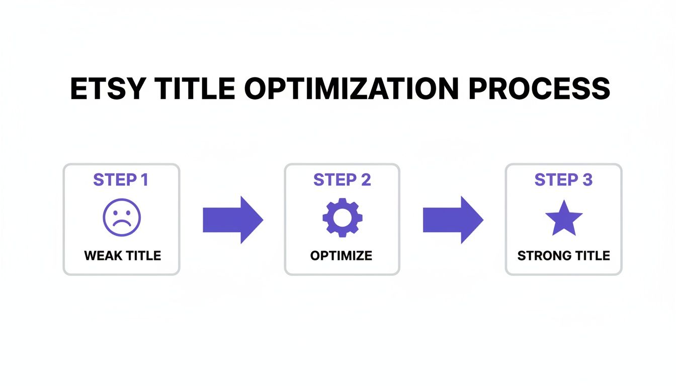 A three-step diagram illustrates the Etsy title optimization process: Weak Title, Optimize, Strong Title.