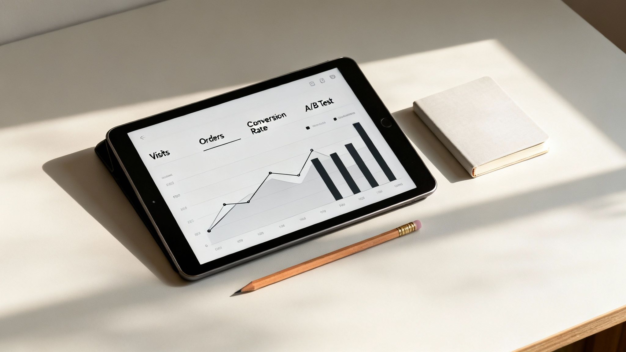 A tablet on a desk displays business analytics with graphs for visits, orders, and conversion rate, next to a pencil and notebook.