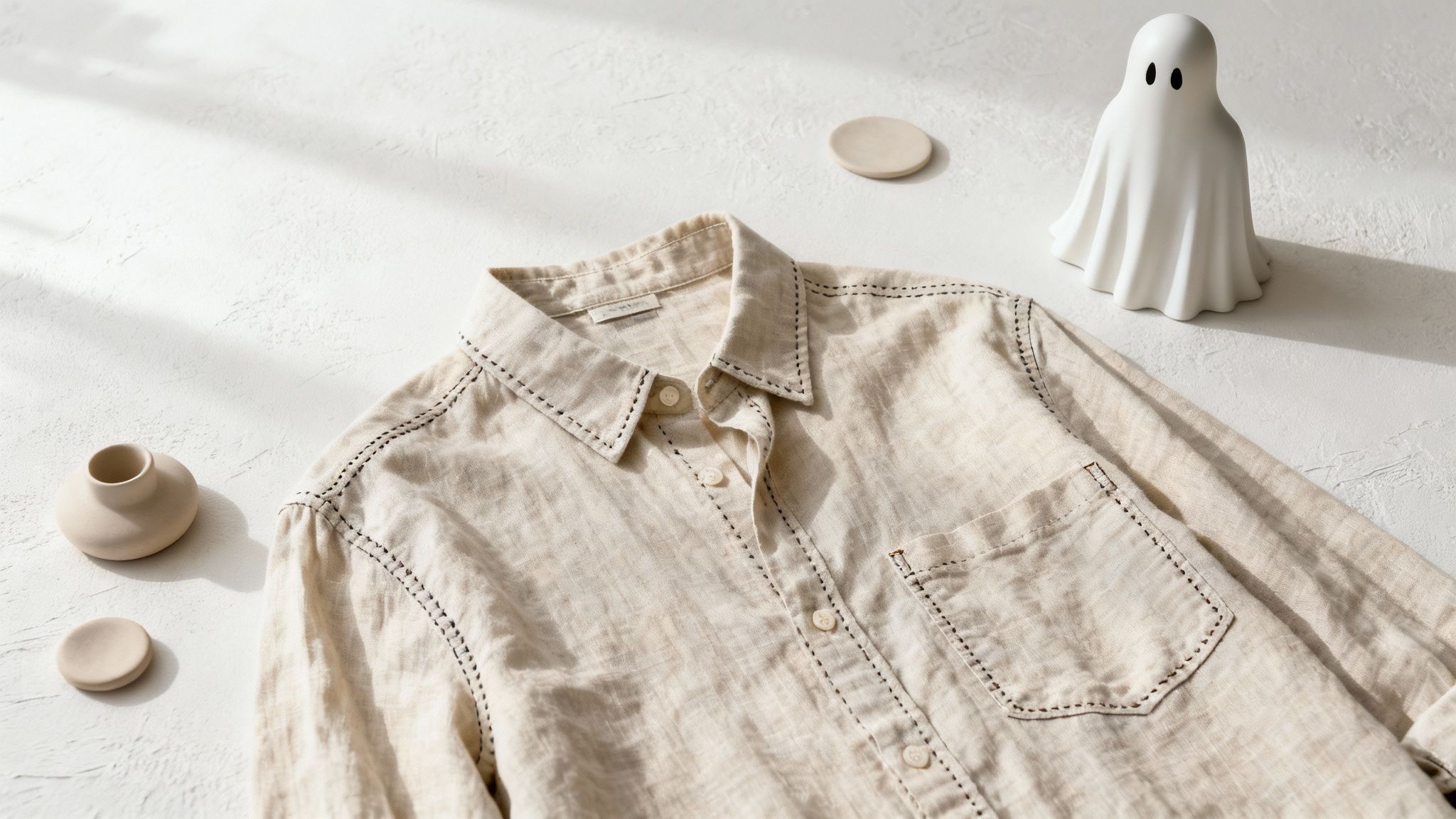 An overhead shot of a light beige linen shirt, white ghost figurine, and ceramic pieces on a white textured surface.