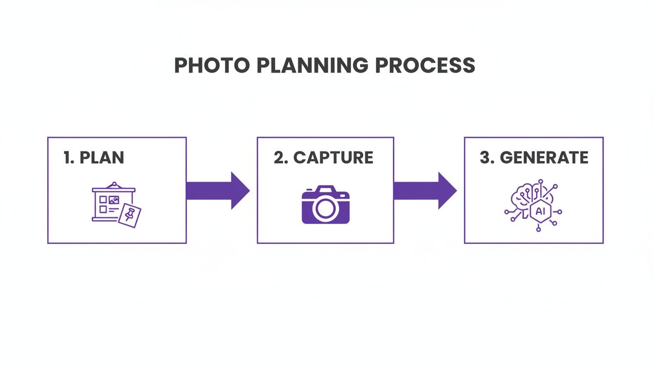 A diagram illustrating the three-step photo planning process: plan, capture, and generate with AI.