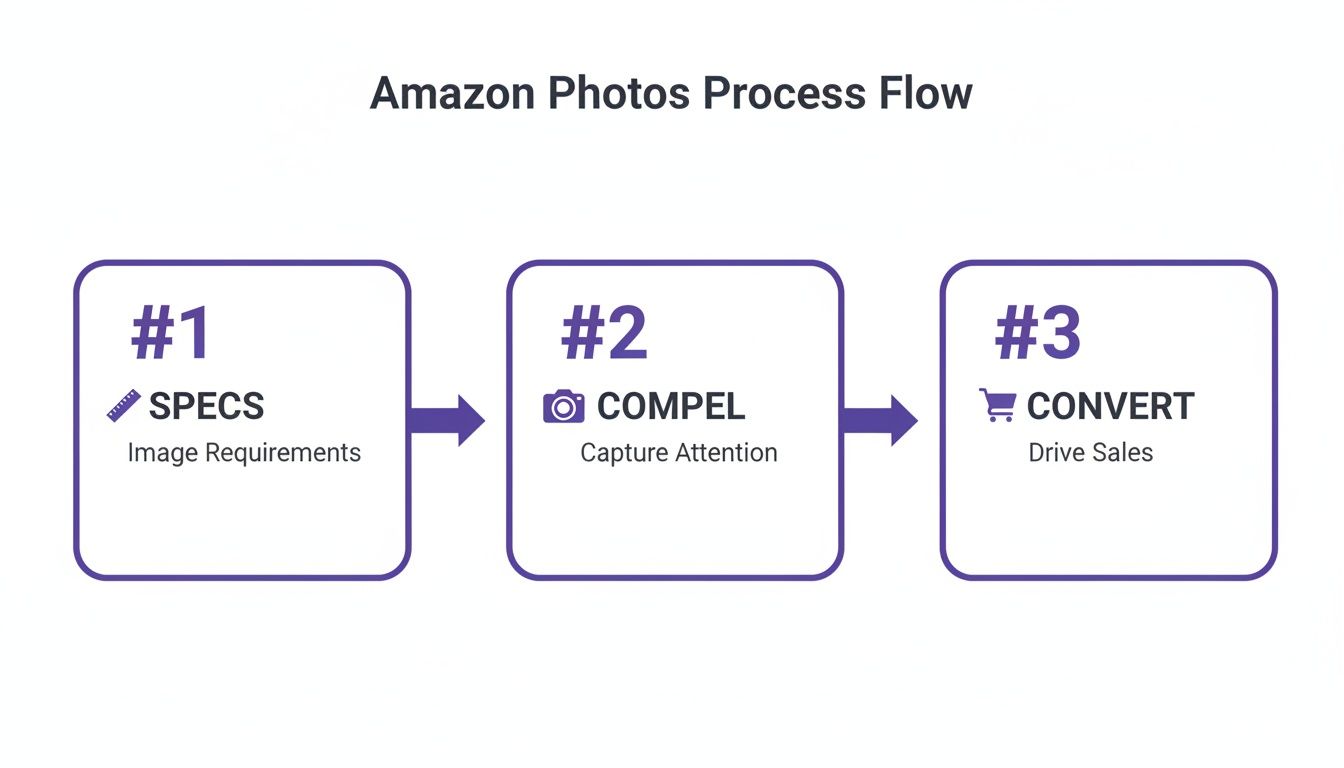 A flowchart outlining the Amazon photos process flow, detailing steps for specs, compelling images, and conversion.