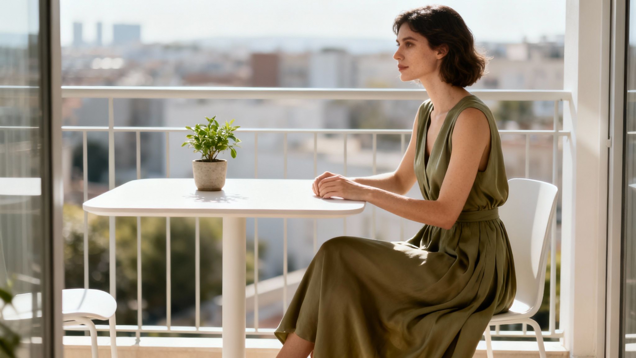 A young woman in a green dress sitting at a white table on a balcony with a city view.