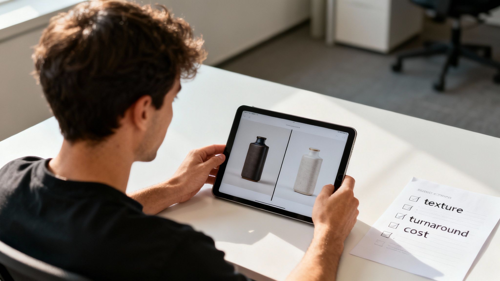 A person reviewing product images on a tablet with a checklist for texture and cost.