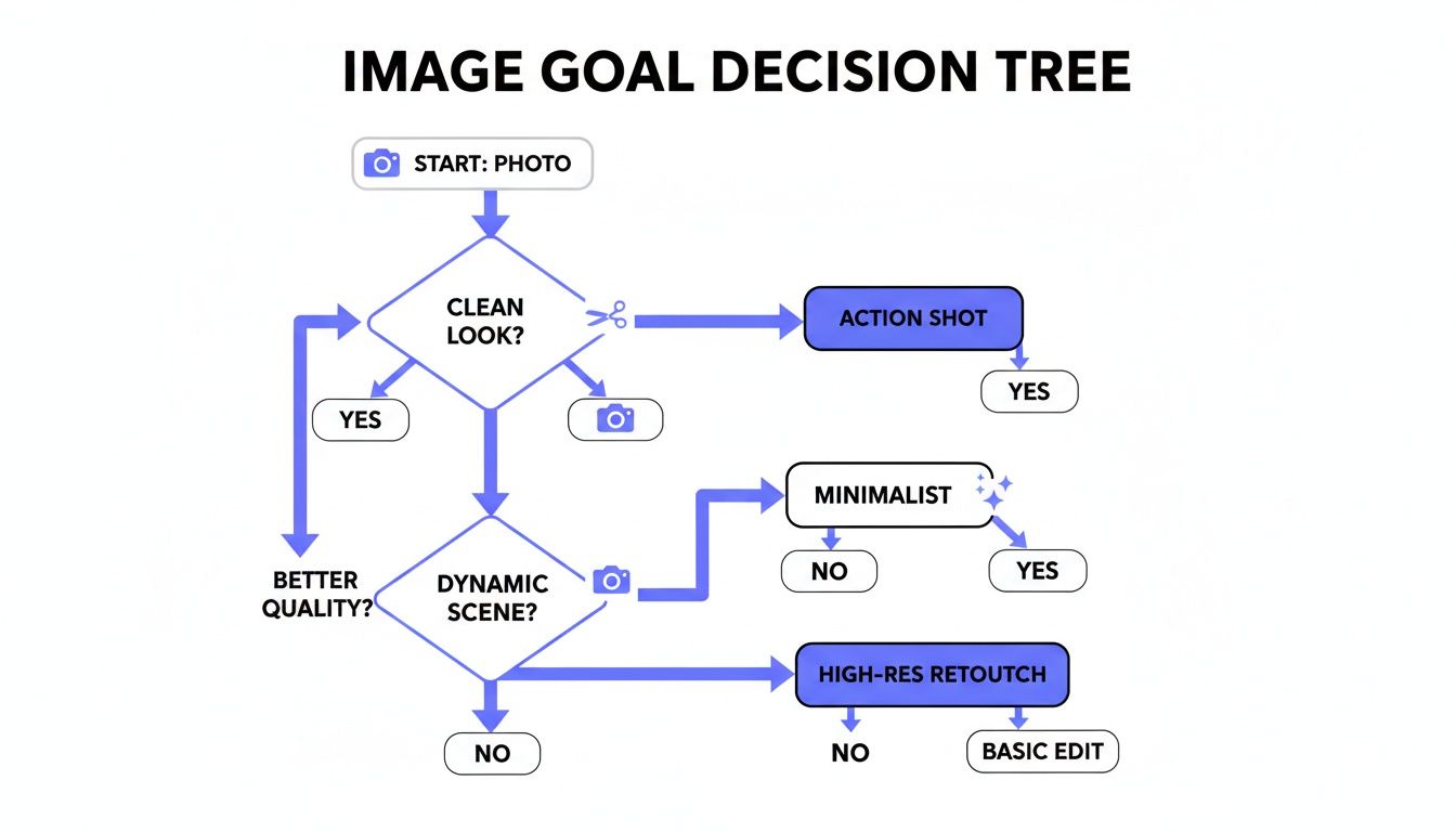 Flowchart illustrating an image goal decision tree for various photo editing outcomes and styles.