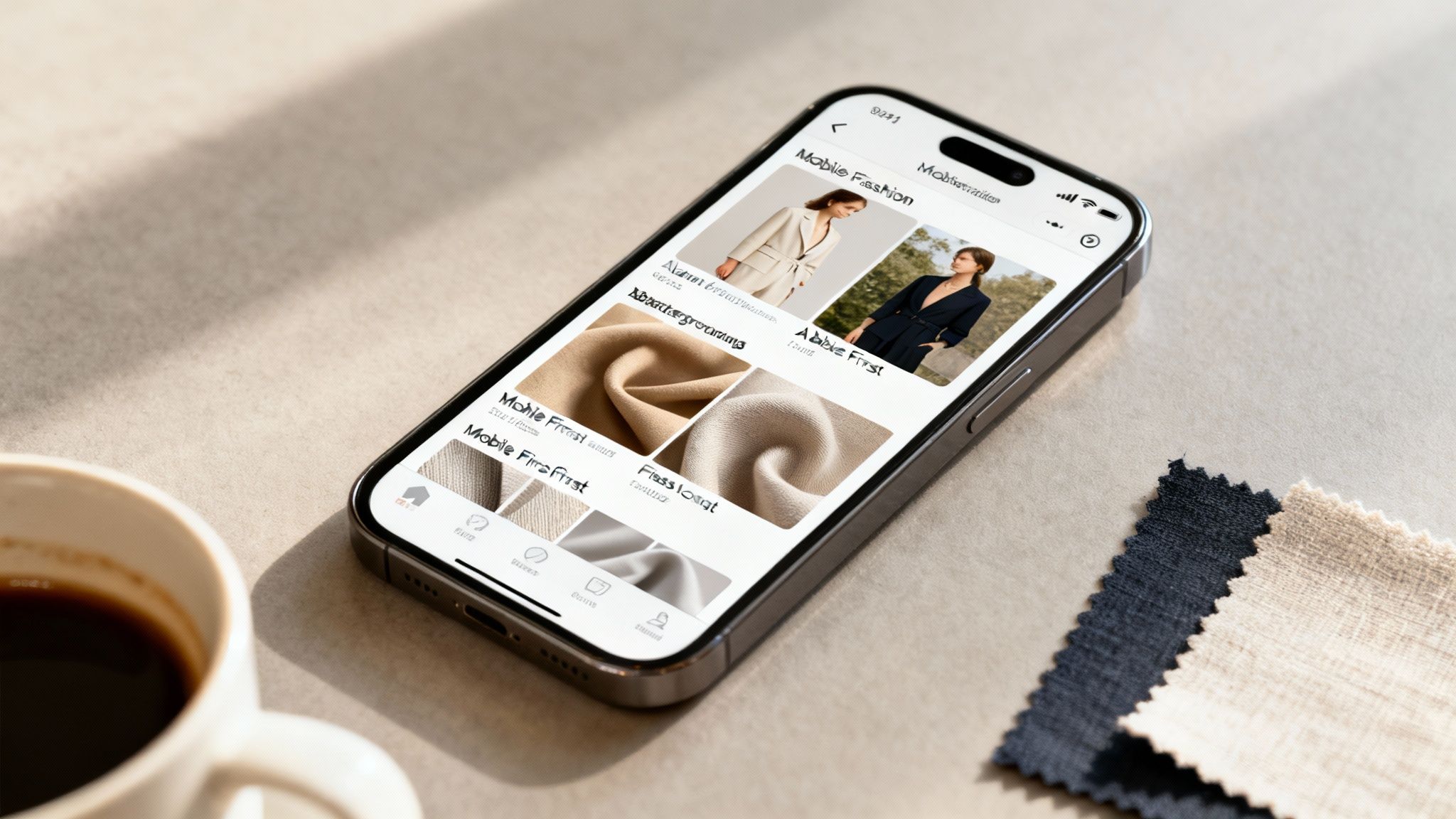 A smartphone displaying a fashion e-commerce app, next to fabric swatches and a coffee cup.