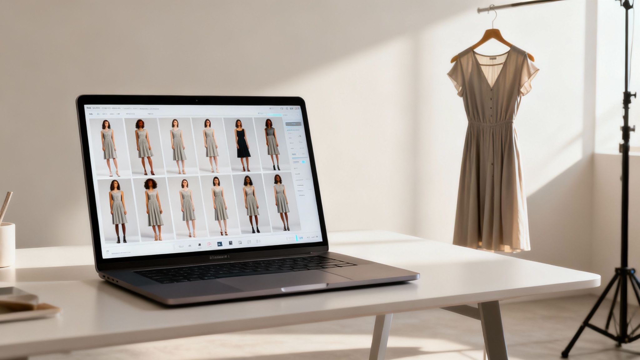 A laptop on a desk shows models in grey dresses, with a similar beige dress hanging nearby.