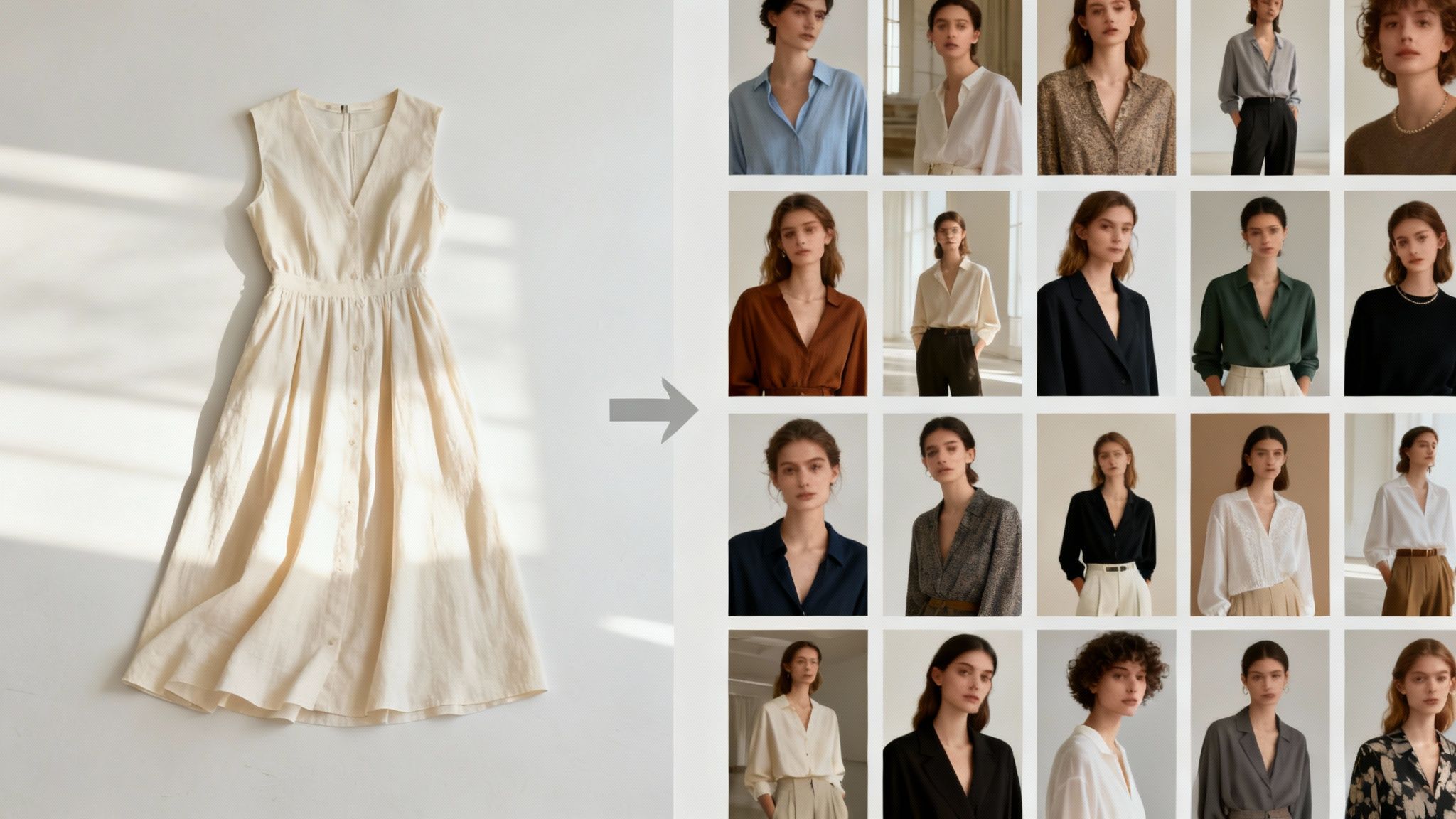 A beige sleeveless button-down midi dress next to a grid of women modeling various blouses and tops.