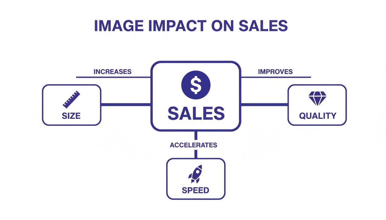 Flowchart illustrating how image size increases sales, quality improves sales, and speed accelerates sales.