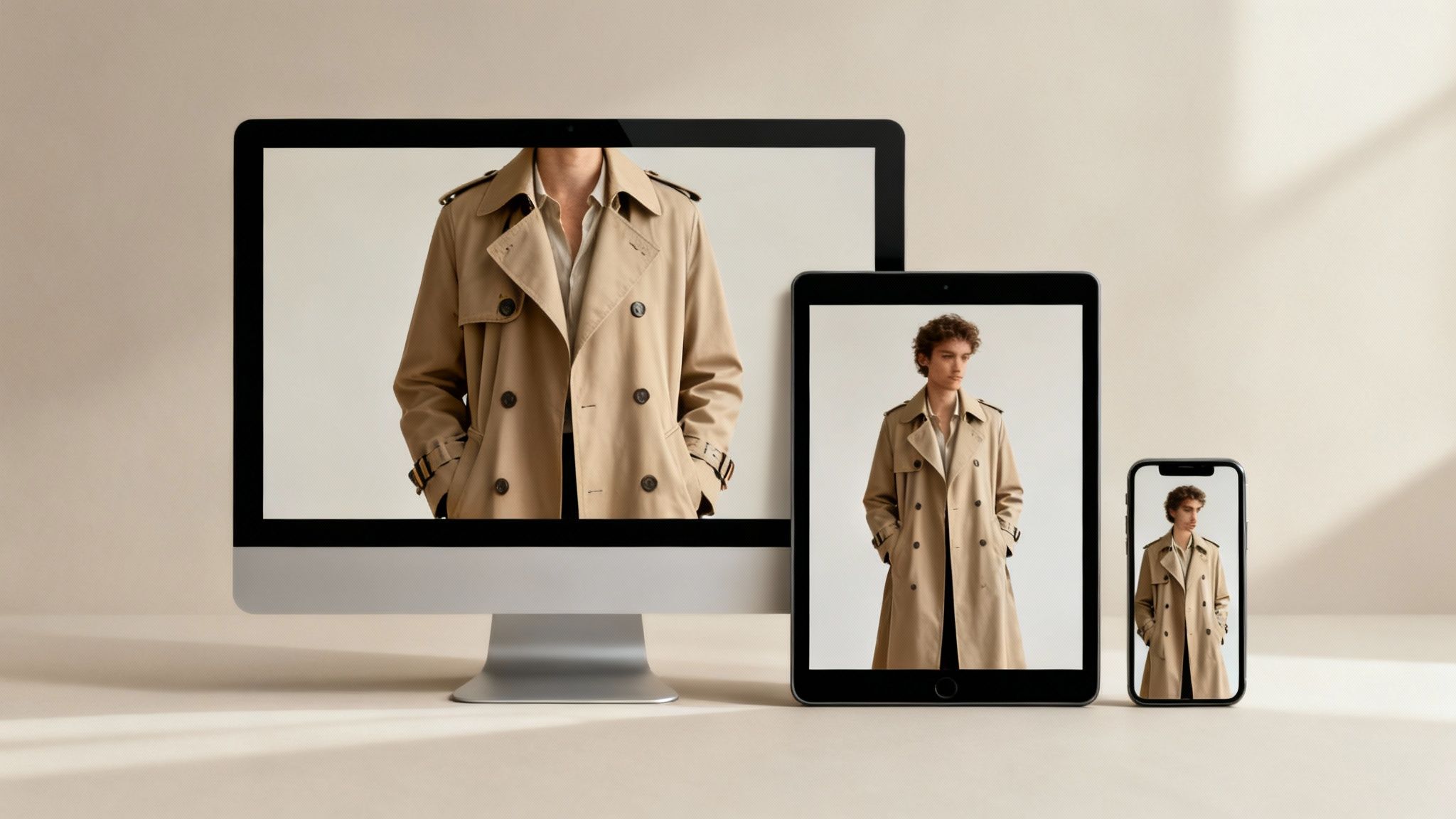 A stylish beige trench coat displayed on a desktop computer, tablet, and smartphone.