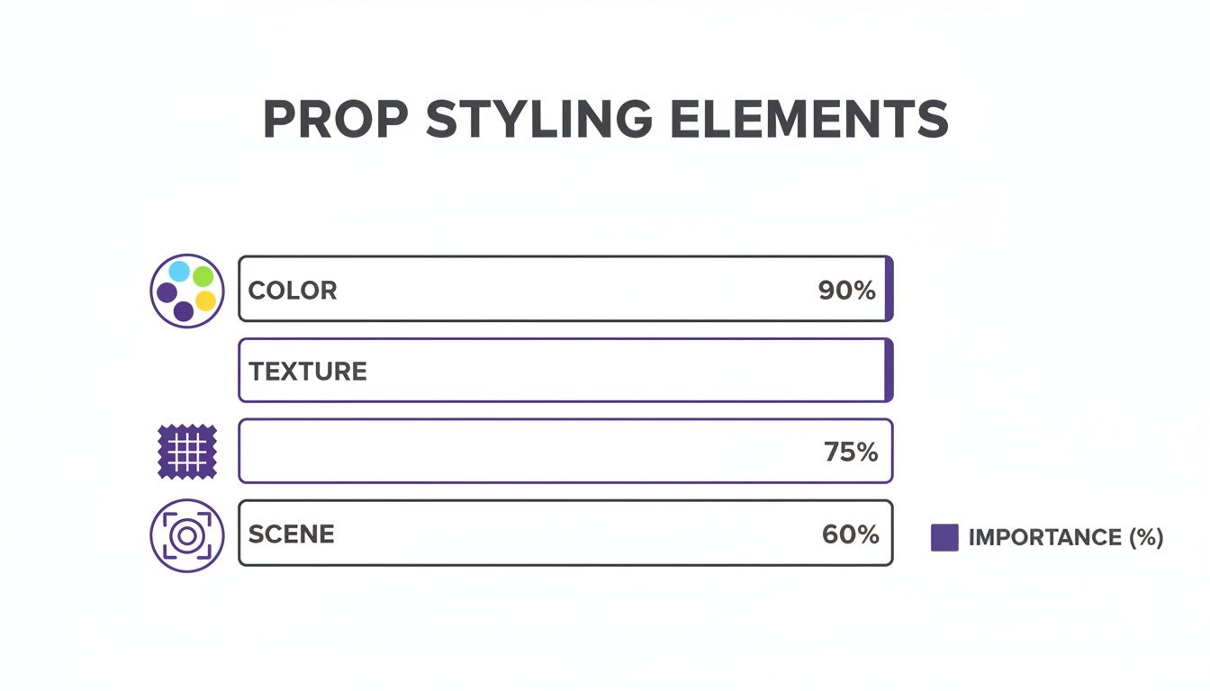 A bar chart illustrating prop styling elements: color (90%), texture (75%), and scene (60%) importance.