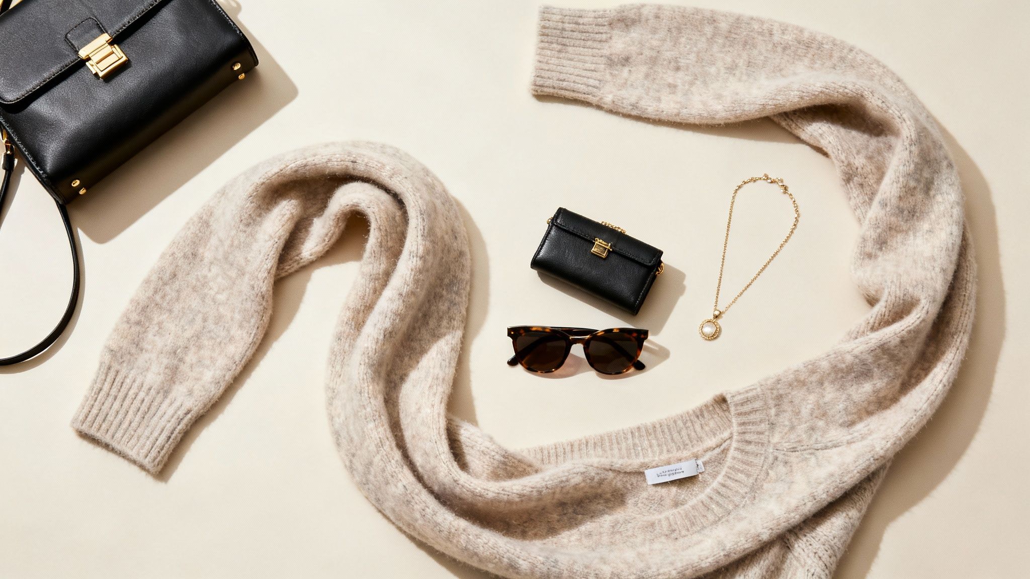 A cozy beige sweater, black handbags, tortoiseshell sunglasses, and a gold necklace arranged in a stylish flat lay.
