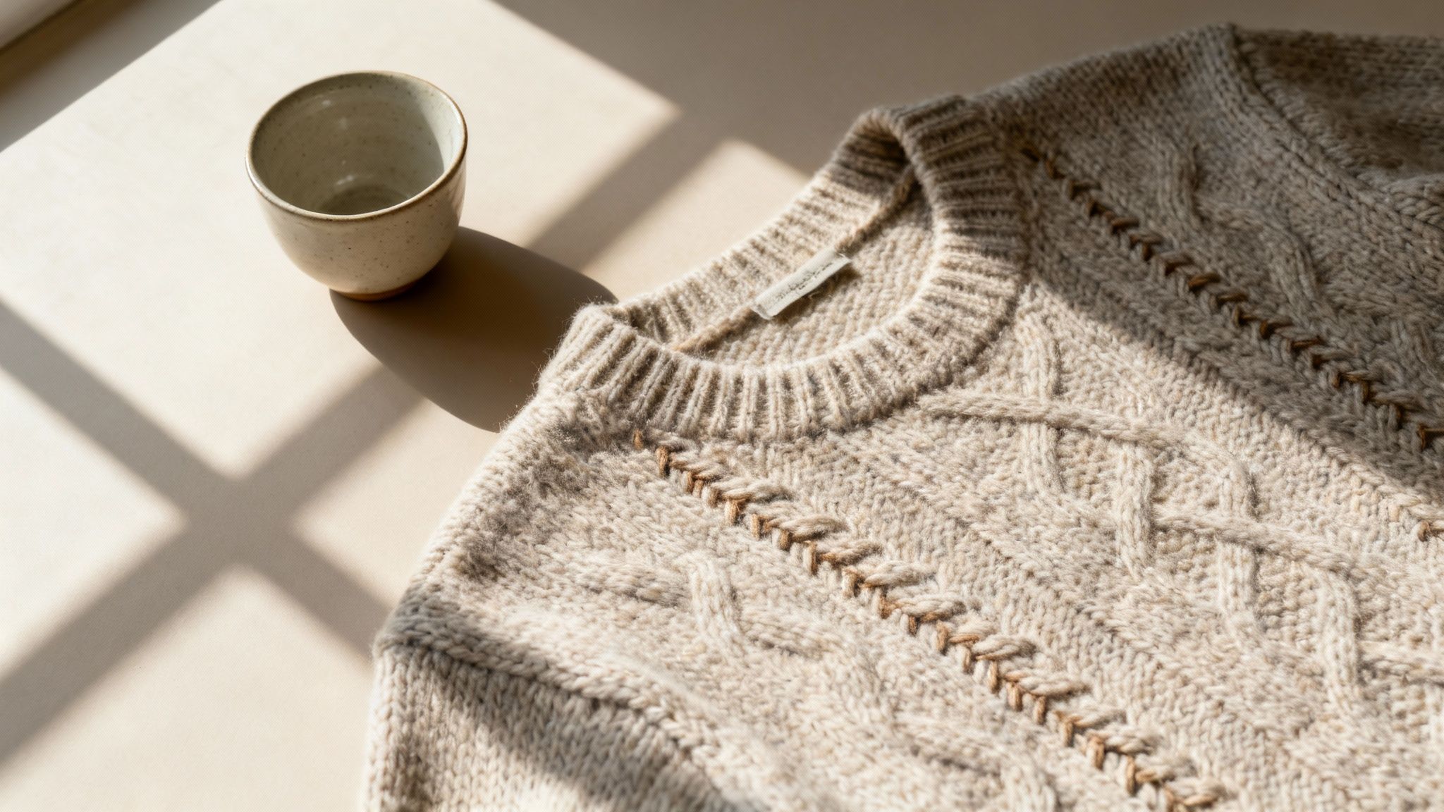 A cozy light brown knit sweater with a ceramic cup, bathed in natural light and shadows.