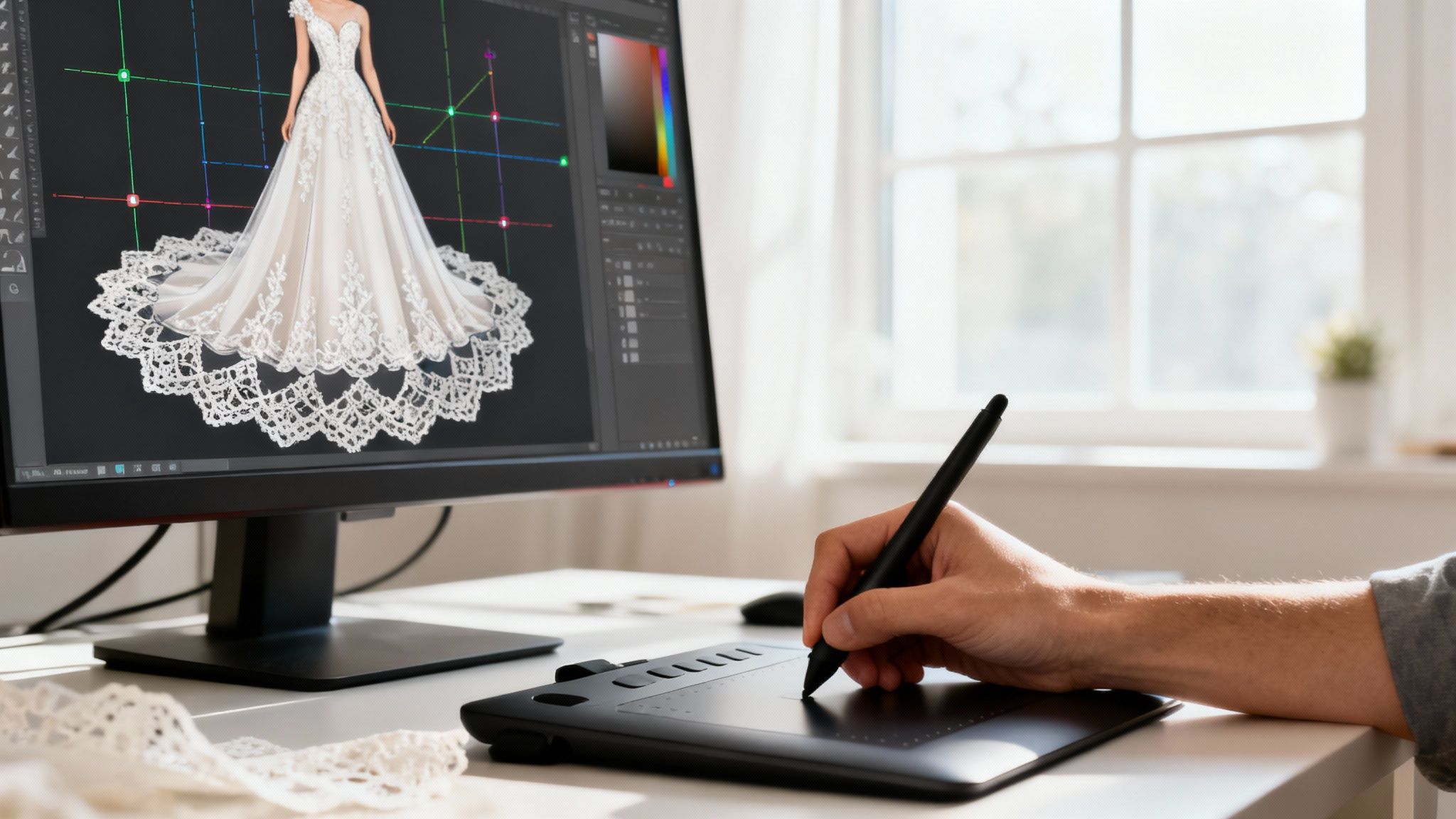 A designer's hand uses a stylus on a graphics tablet while designing a wedding dress on a monitor.