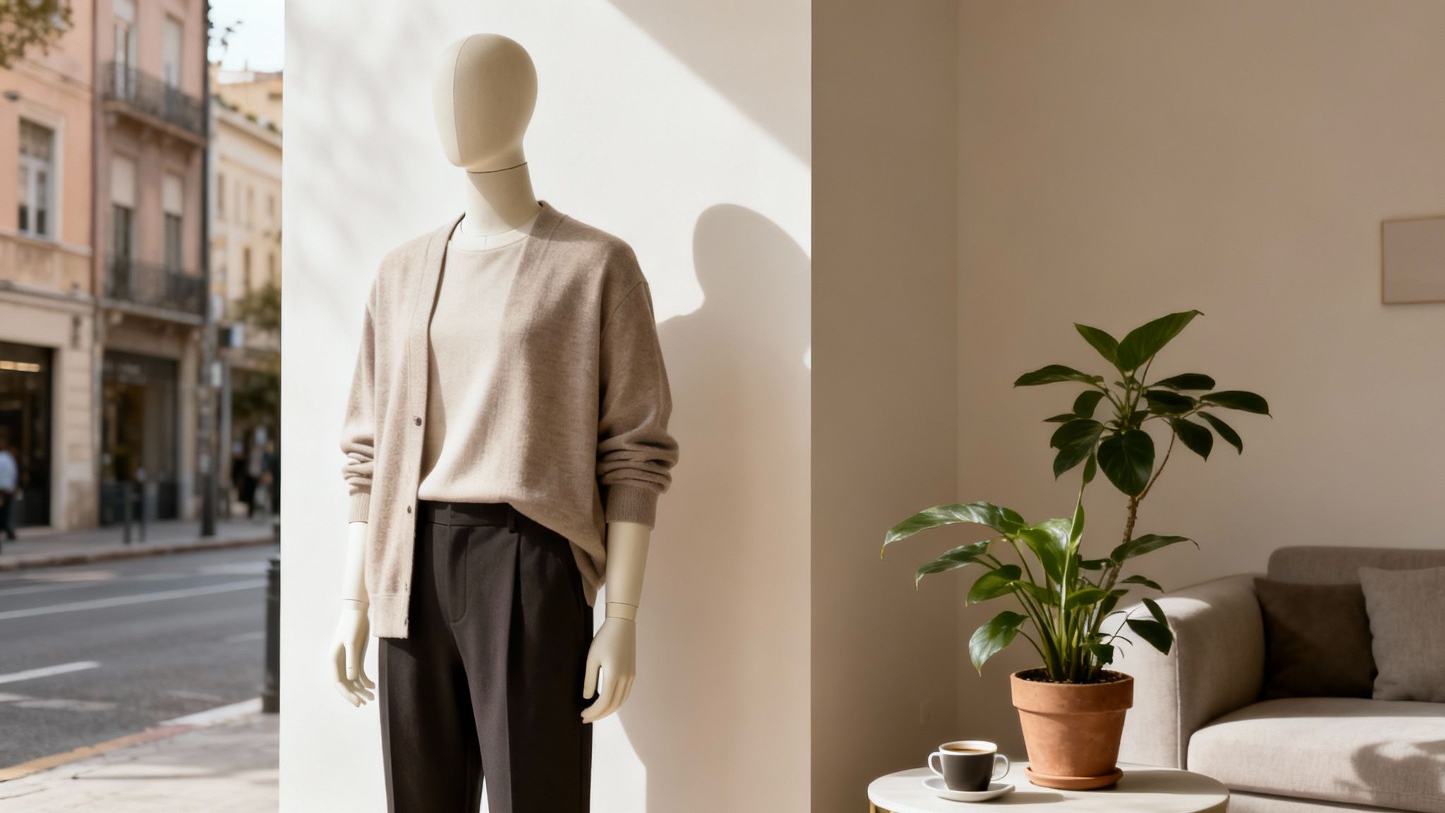 A mannequin in a storefront wears a neutral-toned outfit, with a city street view, an indoor plant, and a coffee.