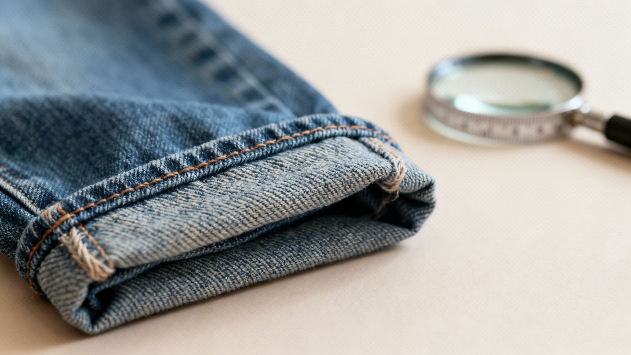 Close-up of a neatly folded blue denim jeans cuff with brown stitching, next to a blurry magnifying glass.