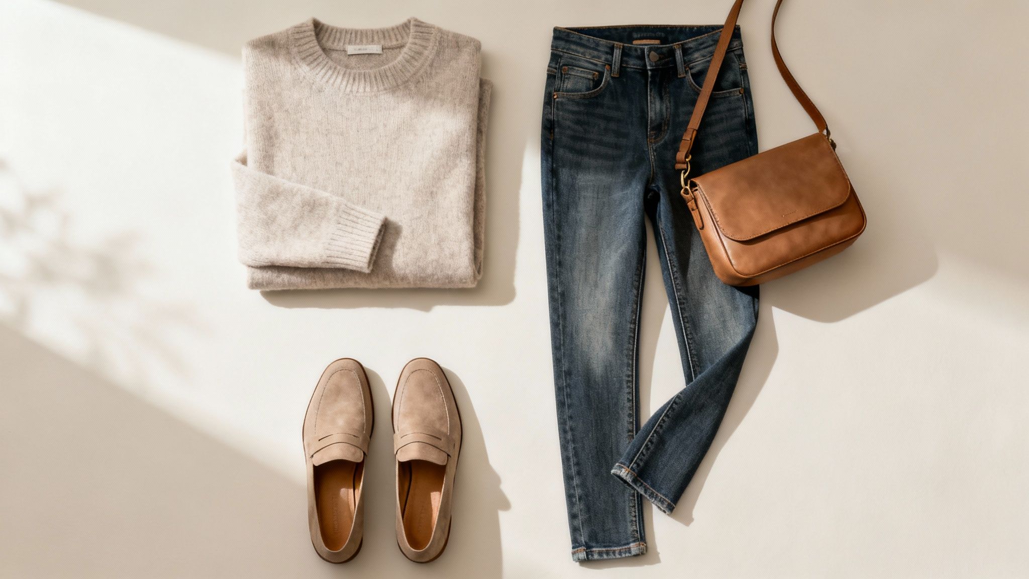 Flat lay of a cozy women's fall outfit with a cream sweater, blue jeans, tan loafers, and a brown bag.