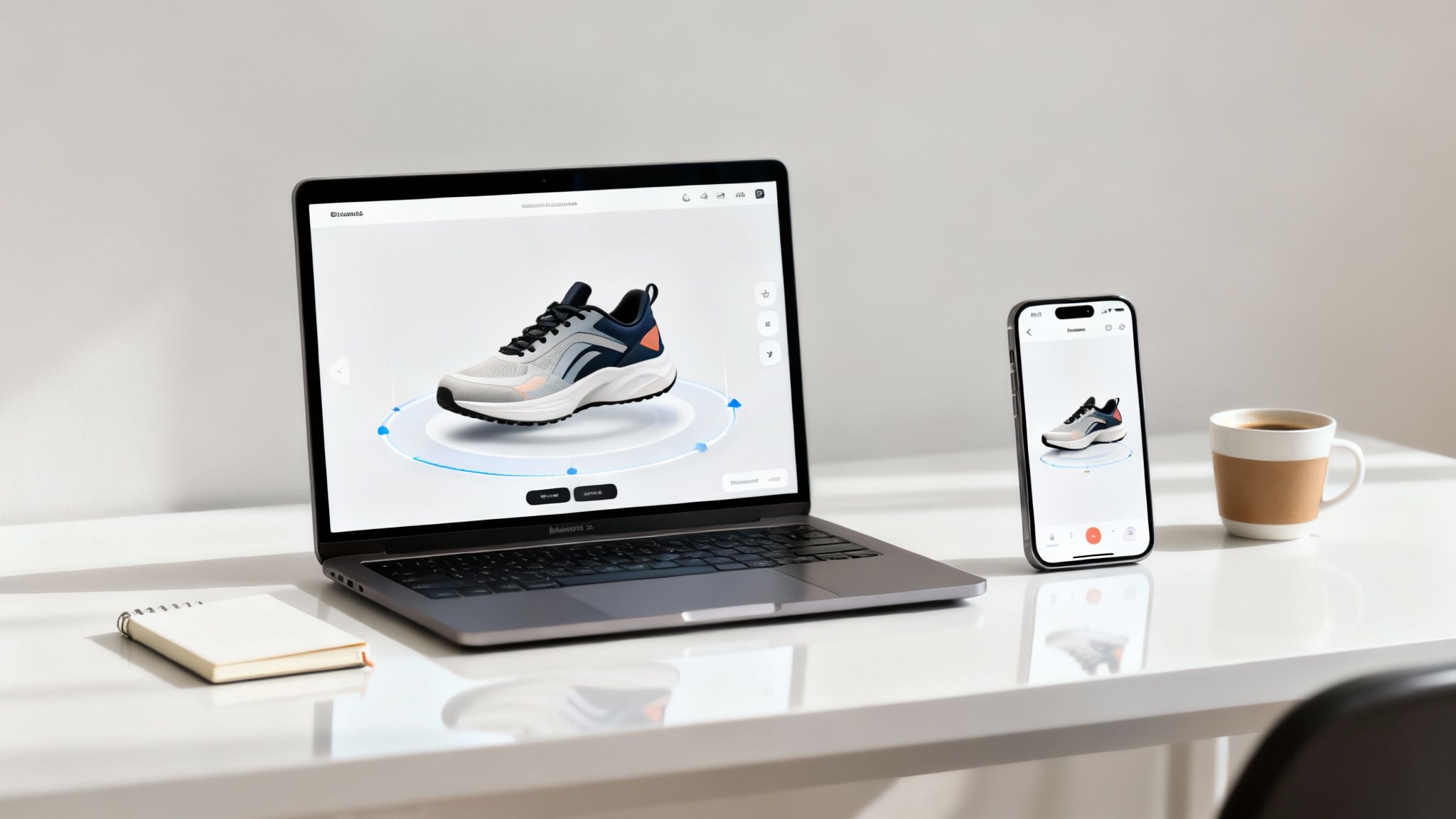 Laptop and smartphone showcasing a 3D interactive model of a running shoe on a clean white desk.