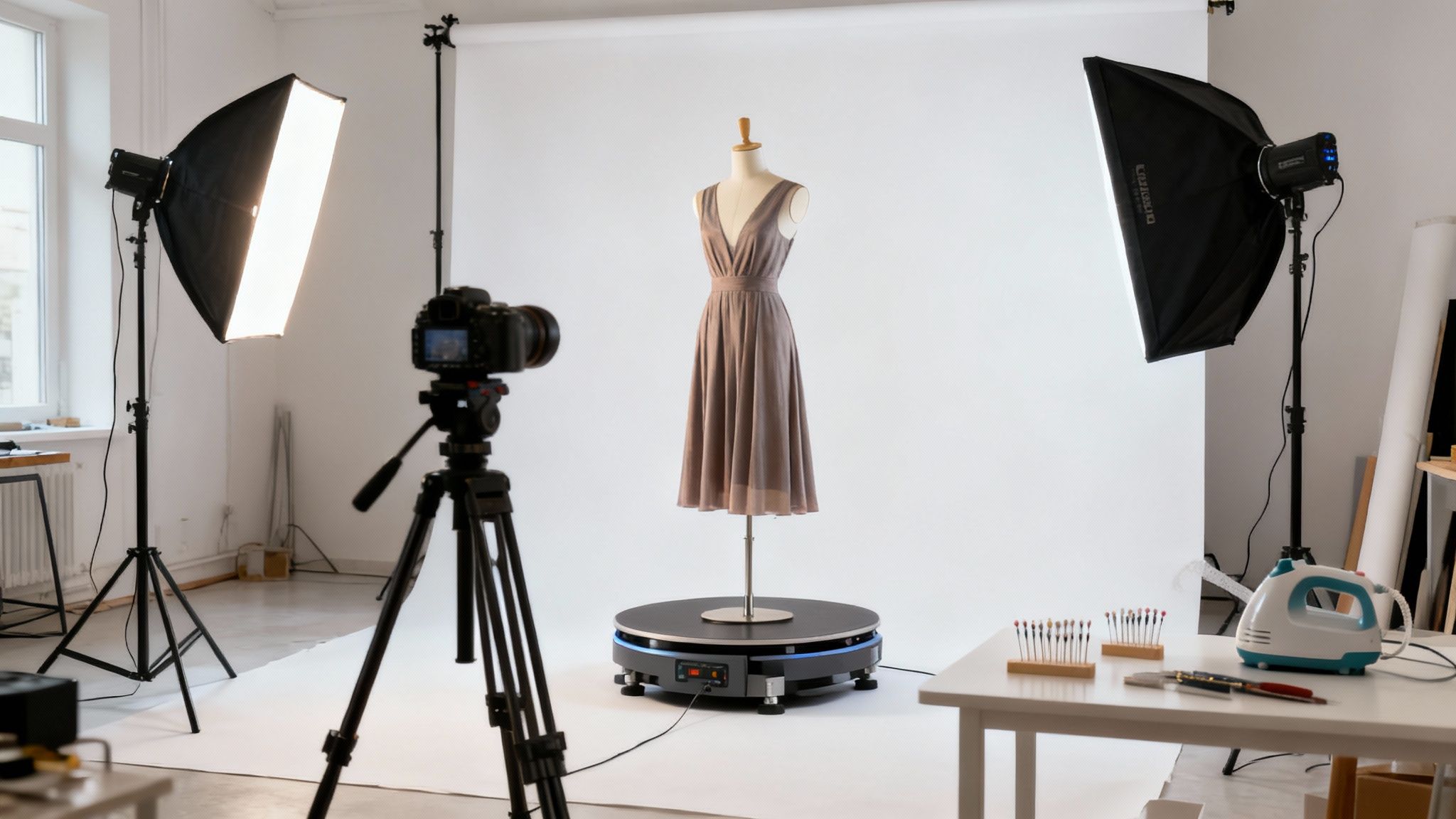 A professional photography studio setup for 360-degree product images of a dress on a mannequin.