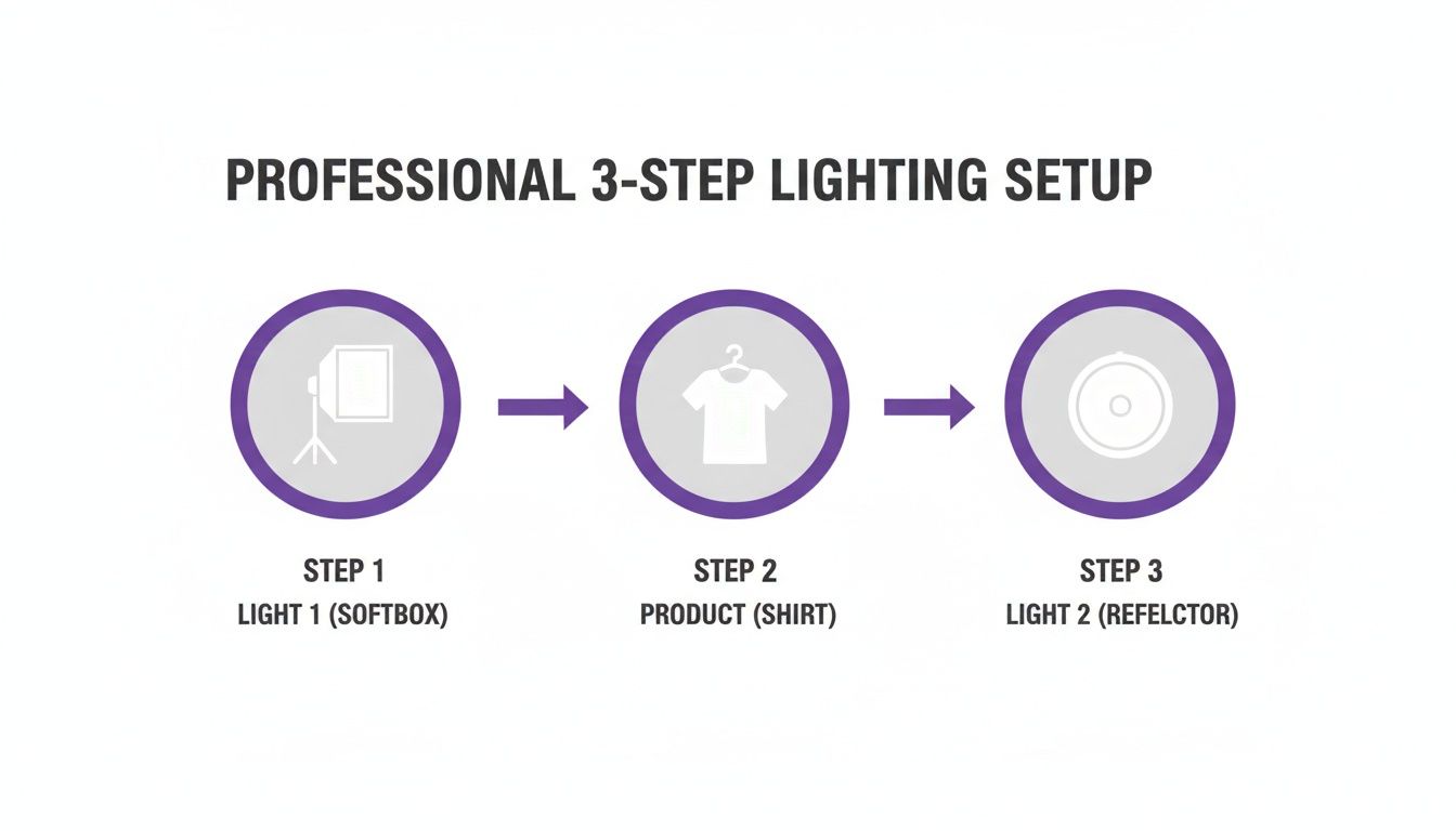 Diagram showing a 3-step professional lighting setup with softbox, product shirt, and reflector.