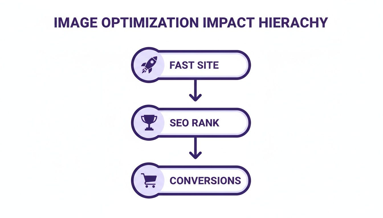 A hierarchy infographic illustrating how a fast site, improved SEO rank, and higher conversions are linked to image optimization.