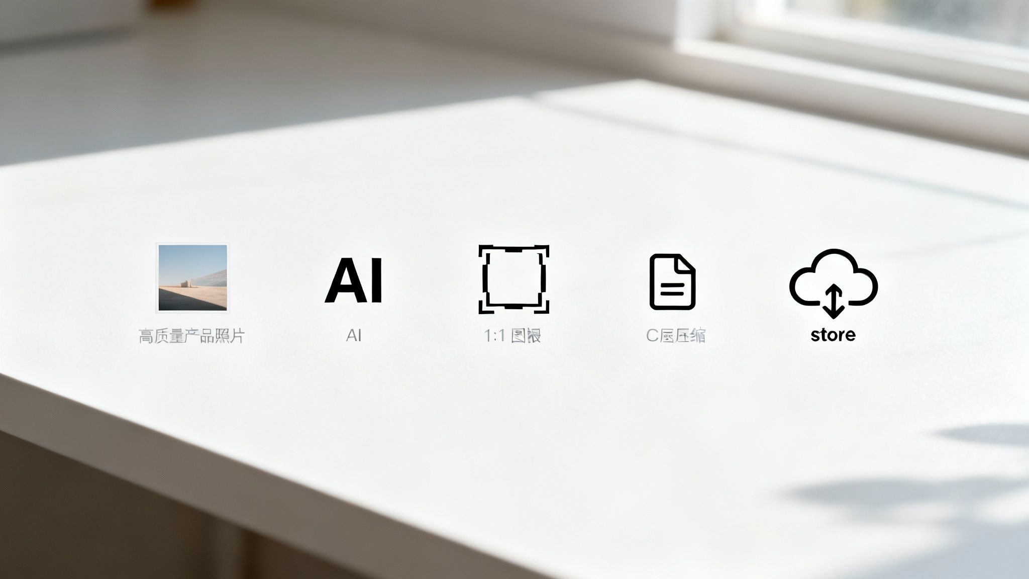 Five icons on a white surface illustrating features like high-quality product photos, AI, 1:1 aspect ratio, compression, and cloud storage.