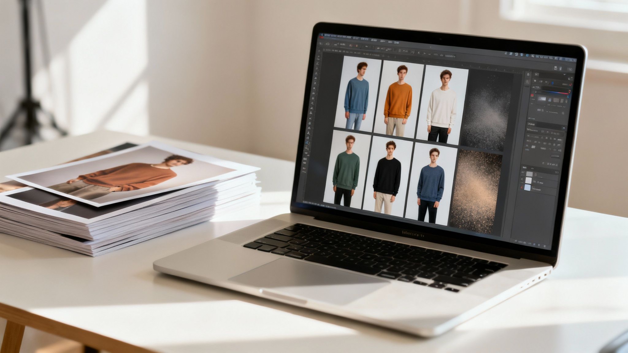 Laptop displaying multiple fashion product photos and editing software alongside a stack of prints.