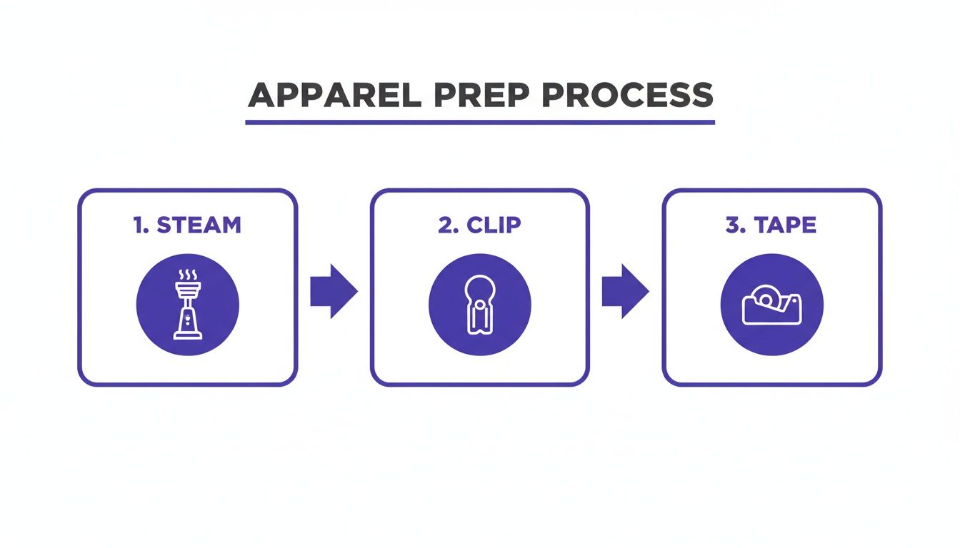 An infographic showing a three-step apparel preparation process: steam, clip, and tape.